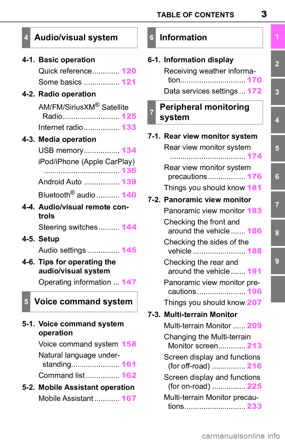 TOYOTA TACOMA 2020  Accessories, Audio & Navigation (in English) 3TABLE OF CONTENTS
1
2
3
4
5
6
7
8
9
4-1. Basic operationQuick reference............. 120
Some basics ................. 121
4-2. Radio operation
AM/FM/SiriusXM
® Satellite 
Radio ....................