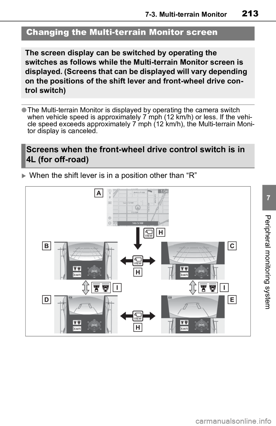 TOYOTA TACOMA 2020 Accessories, Audio & Navigation (in English) 2137-3. Multi-terrain Monitor
7
Peripheral monitoring system
●The Multi-terrain Monitor is displayed by operating the camera switch
when vehicle speed is approximately 7 mph (12 km /h) or less. If TOYOTA TACOMA 2020 Accessories, Audio & Navigation (in English) 2137-3. Multi-terrain Monitor
7
Peripheral monitoring system
●The Multi-terrain Monitor is displayed by operating the camera switch
when vehicle speed is approximately 7 mph (12 km /h) or less. If