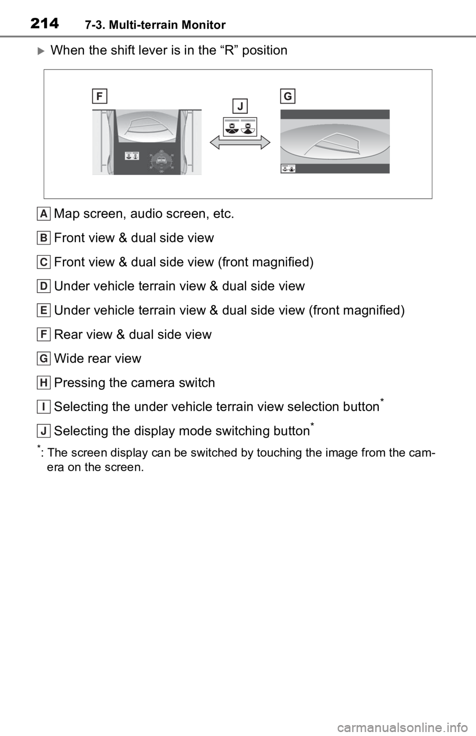 TOYOTA TACOMA 2020 Accessories, Audio & Navigation (in English) 2147-3. Multi-terrain Monitor
When the shift lever is in the “R” positionMap screen, audio screen, etc.
Front view & dual side view
Front view & dual side view (front magnified)
Under vehicle t TOYOTA TACOMA 2020 Accessories, Audio & Navigation (in English) 2147-3. Multi-terrain Monitor
When the shift lever is in the “R” positionMap screen, audio screen, etc.
Front view & dual side view
Front view & dual side view (front magnified)
Under vehicle t