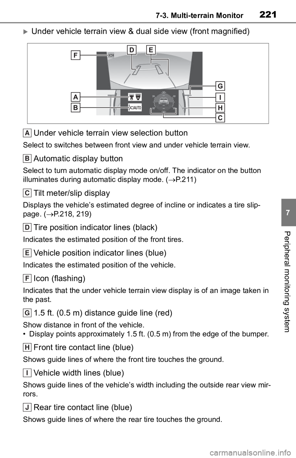 TOYOTA TACOMA 2020 Accessories, Audio & Navigation (in English) 2217-3. Multi-terrain Monitor
7
Peripheral monitoring system
Under vehicle terrain view & dual side view (front magnified)Under vehicle terrain view selection button
Select to switches between fron TOYOTA TACOMA 2020 Accessories, Audio & Navigation (in English) 2217-3. Multi-terrain Monitor
7
Peripheral monitoring system
Under vehicle terrain view & dual side view (front magnified)Under vehicle terrain view selection button
Select to switches between fron
