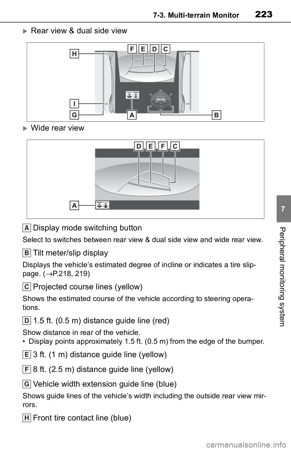 TOYOTA TACOMA 2020 Accessories, Audio & Navigation (in English) 2237-3. Multi-terrain Monitor
7
Peripheral monitoring system
Rear view & dual side view
Wide rear viewDisplay mode switching button
Select to switches between rear view & dual side view and wid TOYOTA TACOMA 2020 Accessories, Audio & Navigation (in English) 2237-3. Multi-terrain Monitor
7
Peripheral monitoring system
Rear view & dual side view
Wide rear viewDisplay mode switching button
Select to switches between rear view & dual side view and wid