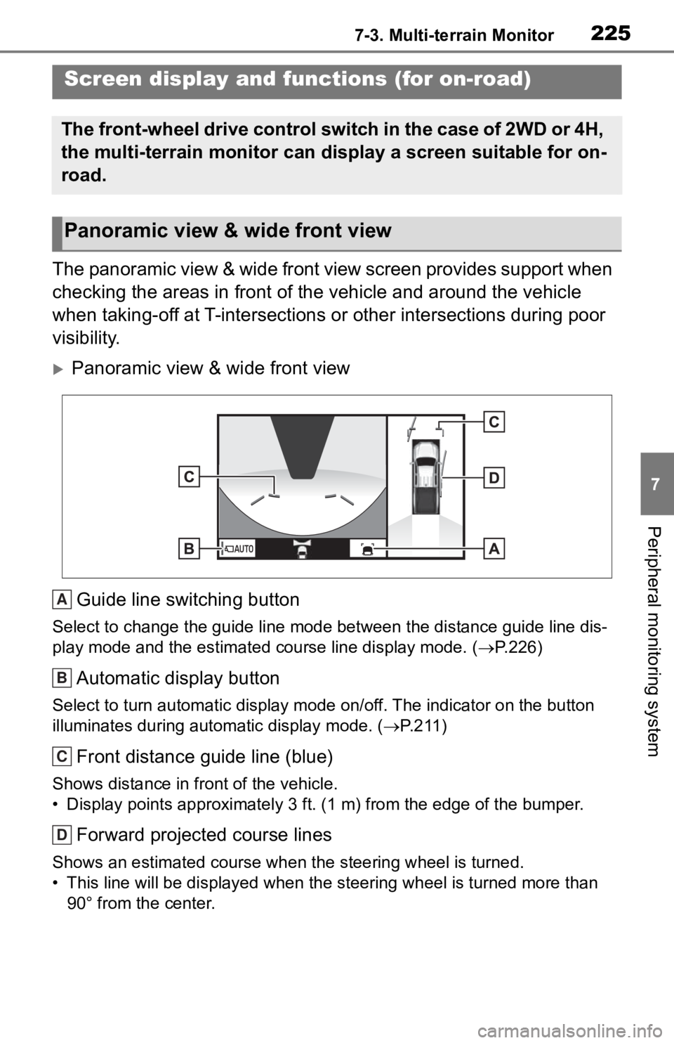 TOYOTA TACOMA 2020 Accessories, Audio & Navigation (in English) 2257-3. Multi-terrain Monitor
7
Peripheral monitoring system
The panoramic view & wide front view screen provides support when
checking the areas in front of the vehicle and around the vehic le
when TOYOTA TACOMA 2020 Accessories, Audio & Navigation (in English) 2257-3. Multi-terrain Monitor
7
Peripheral monitoring system
The panoramic view & wide front view screen provides support when
checking the areas in front of the vehicle and around the vehic le
when