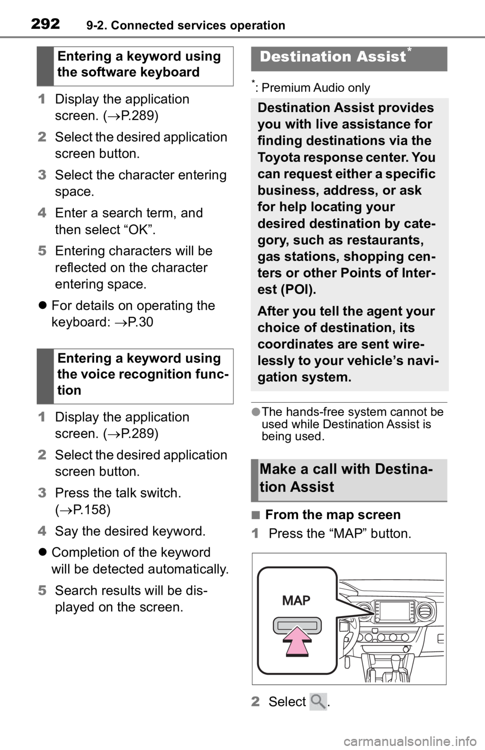 TOYOTA TACOMA 2020  Accessories, Audio & Navigation (in English) 2929-2. Connected services operation
1Display the application 
screen. ( P.289)
2 Select the desired application 
screen button.
3 Select the character entering 
space.
4 Enter a search term, and 
