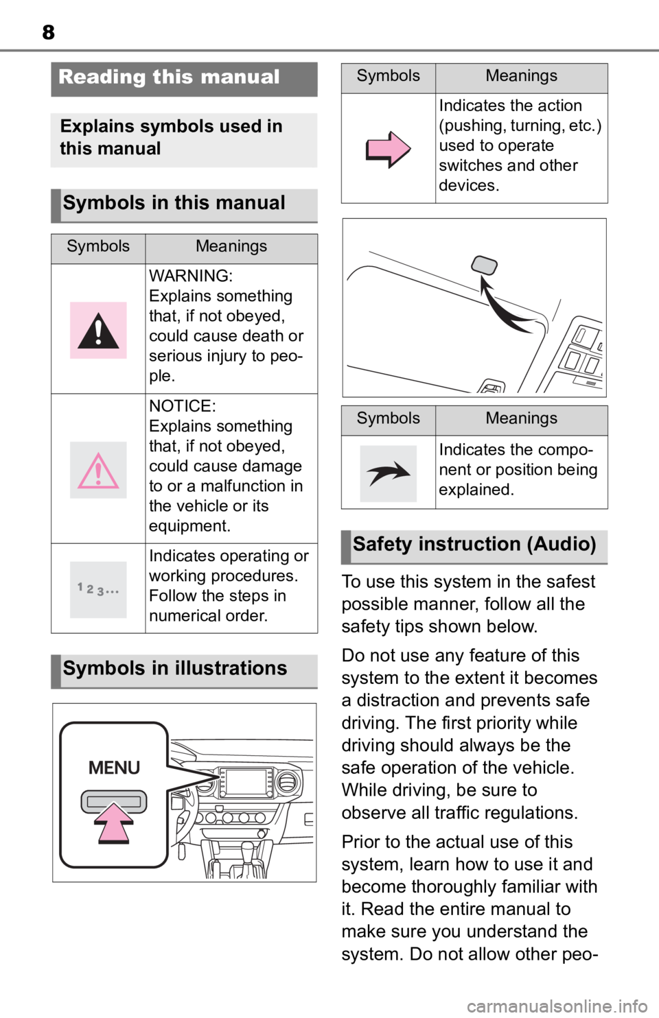 TOYOTA TACOMA 2020  Accessories, Audio & Navigation (in English) 8
To use this system in the safest 
possible manner, follow all the 
safety tips shown below.
Do not use any feature of this 
system to the extent it becomes 
a distraction and prevents safe 
driving.