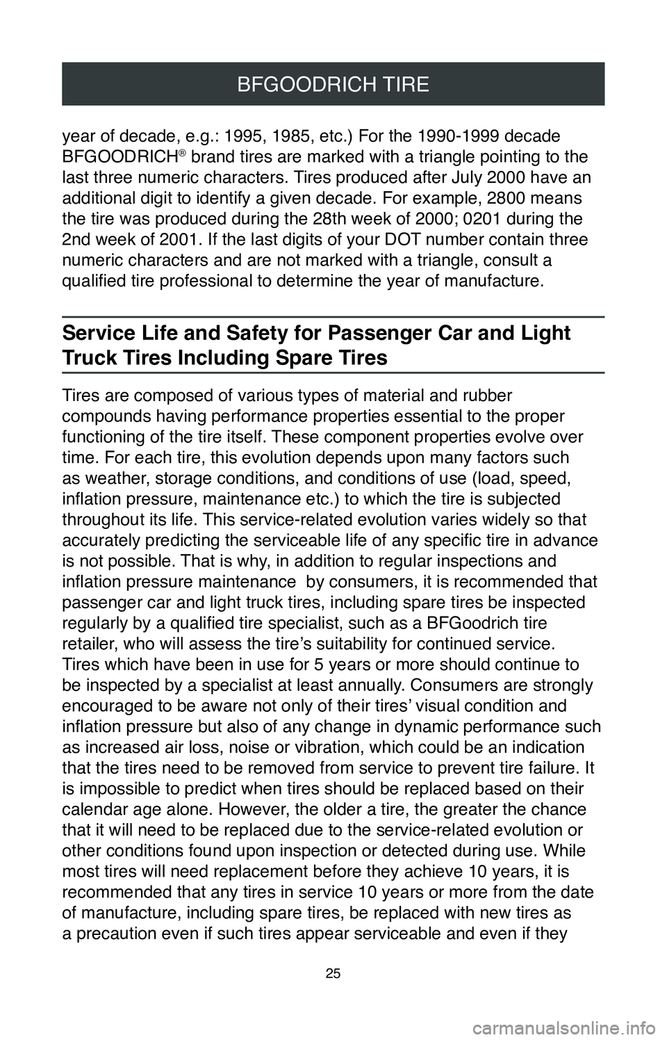 TOYOTA TACOMA 2020 Warranties & Maintenance Guides (in English) 25
BFGOODRICH TIRE
year of decade, e.g.: 1995, 1985, etc.) For the 1990-1999 decade
BFGOODRICH® brand tires are marked with a triangle pointing to the
last three numeric characters. Tires produced TOYOTA TACOMA 2020 Warranties & Maintenance Guides (in English) 25
BFGOODRICH TIRE
year of decade, e.g.: 1995, 1985, etc.) For the 1990-1999 decade
BFGOODRICH® brand tires are marked with a triangle pointing to the
last three numeric characters. Tires produced
