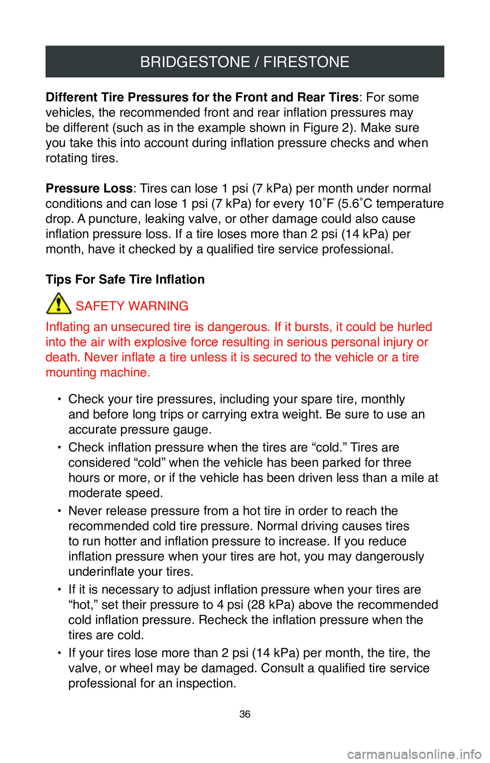 TOYOTA TACOMA 2020 Warranties & Maintenance Guides (in English) BRIDGESTONE / FIRESTONE
36
Different Tire Pressures for the Front and Rear Tires: For some
vehicles, the recommended front and rear inflation pressures may
be different (such as in the example shown TOYOTA TACOMA 2020 Warranties & Maintenance Guides (in English) BRIDGESTONE / FIRESTONE
36
Different Tire Pressures for the Front and Rear Tires: For some
vehicles, the recommended front and rear inflation pressures may
be different (such as in the example shown