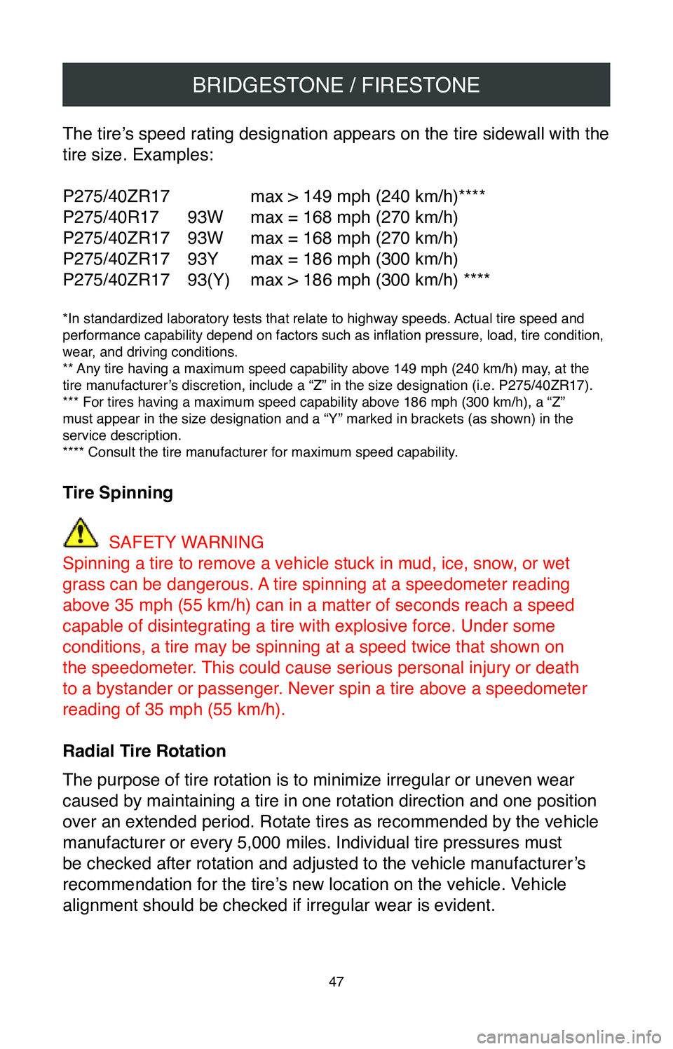 TOYOTA TACOMA 2020 Warranties & Maintenance Guides (in English) BRIDGESTONE / FIRESTONE
47
The tire’s speed rating designation appears on the tire sidewall with the
tire size. Examples:
P275/40ZR17
max > 149 mph (240 km/h)****
P275/40R17
93W max = 168 mph ( TOYOTA TACOMA 2020 Warranties & Maintenance Guides (in English) BRIDGESTONE / FIRESTONE
47
The tire’s speed rating designation appears on the tire sidewall with the
tire size. Examples:
P275/40ZR17
max > 149 mph (240 km/h)****
P275/40R17
93W max = 168 mph (