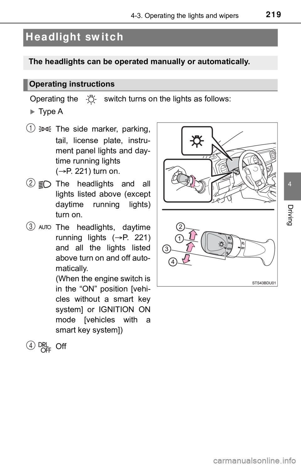 TOYOTA TACOMA 2021  Owners Manual (in English) 2194-3. Operating the lights and wipers
4
Driving
Headlight switch
Operating the   switch turn s on the lights as follows:
Ty p e  A
The  side  marker,  parking,
tail,  license  plate,  instru-
men