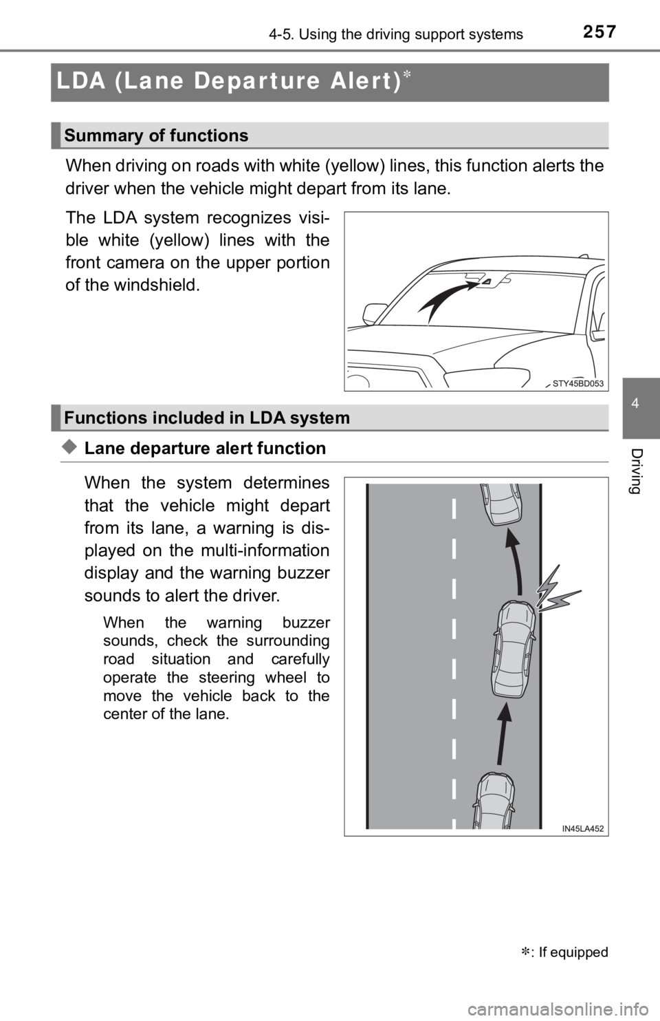 TOYOTA TACOMA 2021  Owners Manual (in English) 2574-5. Using the driving support systems
4
Driving
LDA (Lane Depar ture Alert)
When driving on roads with white (yellow) lines, this function alerts the
driver when the vehicle mi ght depart from 