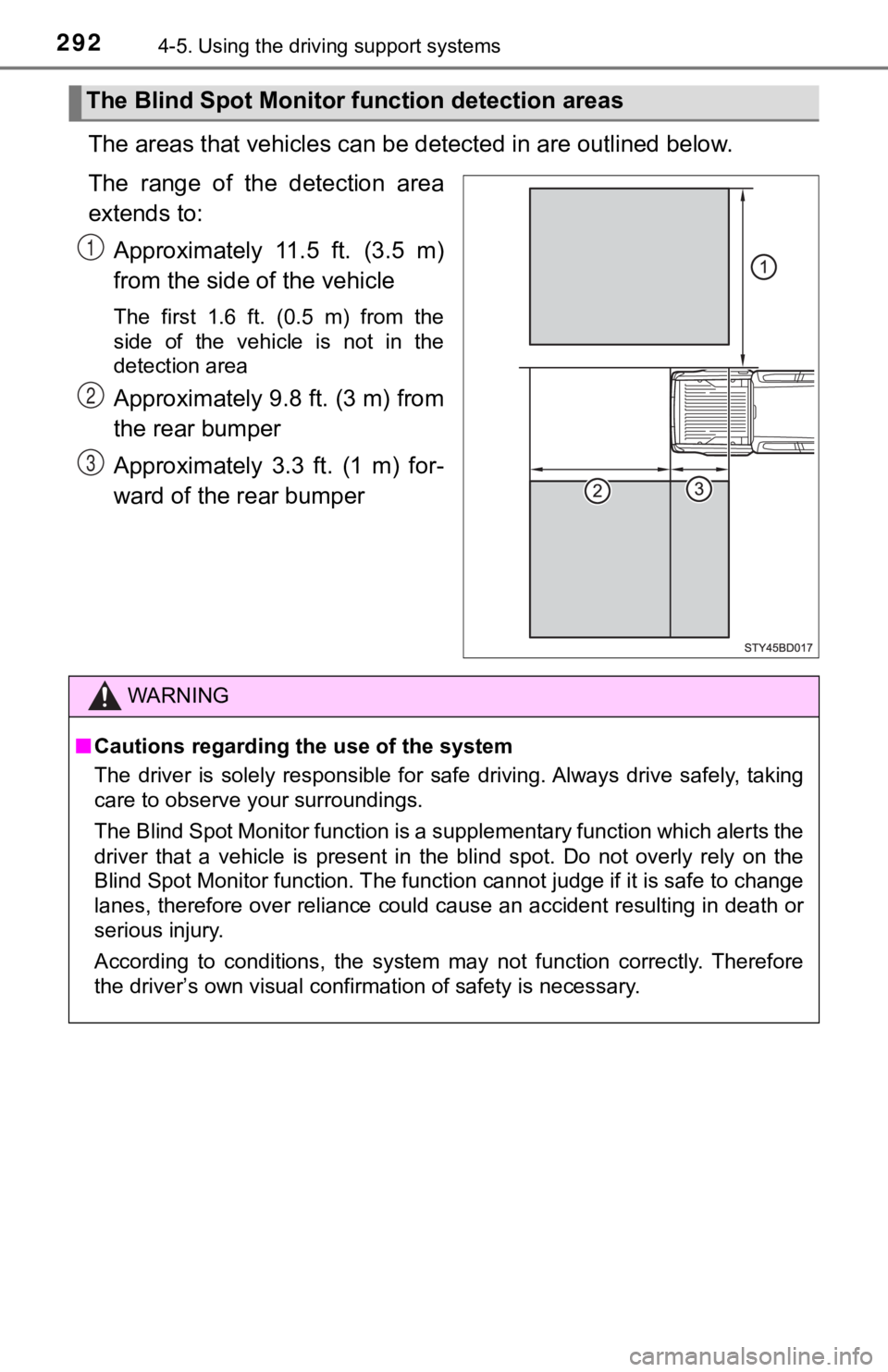 TOYOTA TACOMA 2021 Owners Manual (in English) 2924-5. Using the driving support systems
The areas that vehicles can be detected in are outlined below.
The range of the detection area
extends to: Approximately 11.5 ft. (3.5 m)
from the s TOYOTA TACOMA 2021 Owners Manual (in English) 2924-5. Using the driving support systems
The areas that vehicles can be detected in are outlined below.
The range of the detection area
extends to: Approximately 11.5 ft. (3.5 m)
from the s