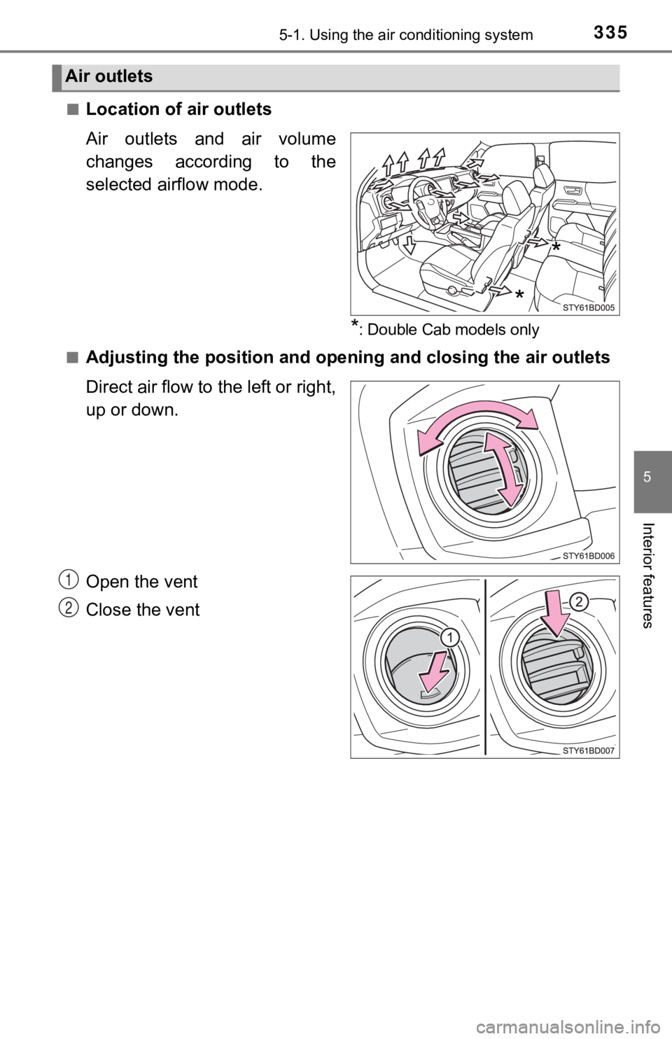 TOYOTA TACOMA 2021  Owners Manual (in English) 3355-1. Using the air conditioning system
5
Interior features
■Location of air outlets
Air  outlets  and  air  volume
changes  according  to  the
selected airflow mode.
*: Double Cab models only
■