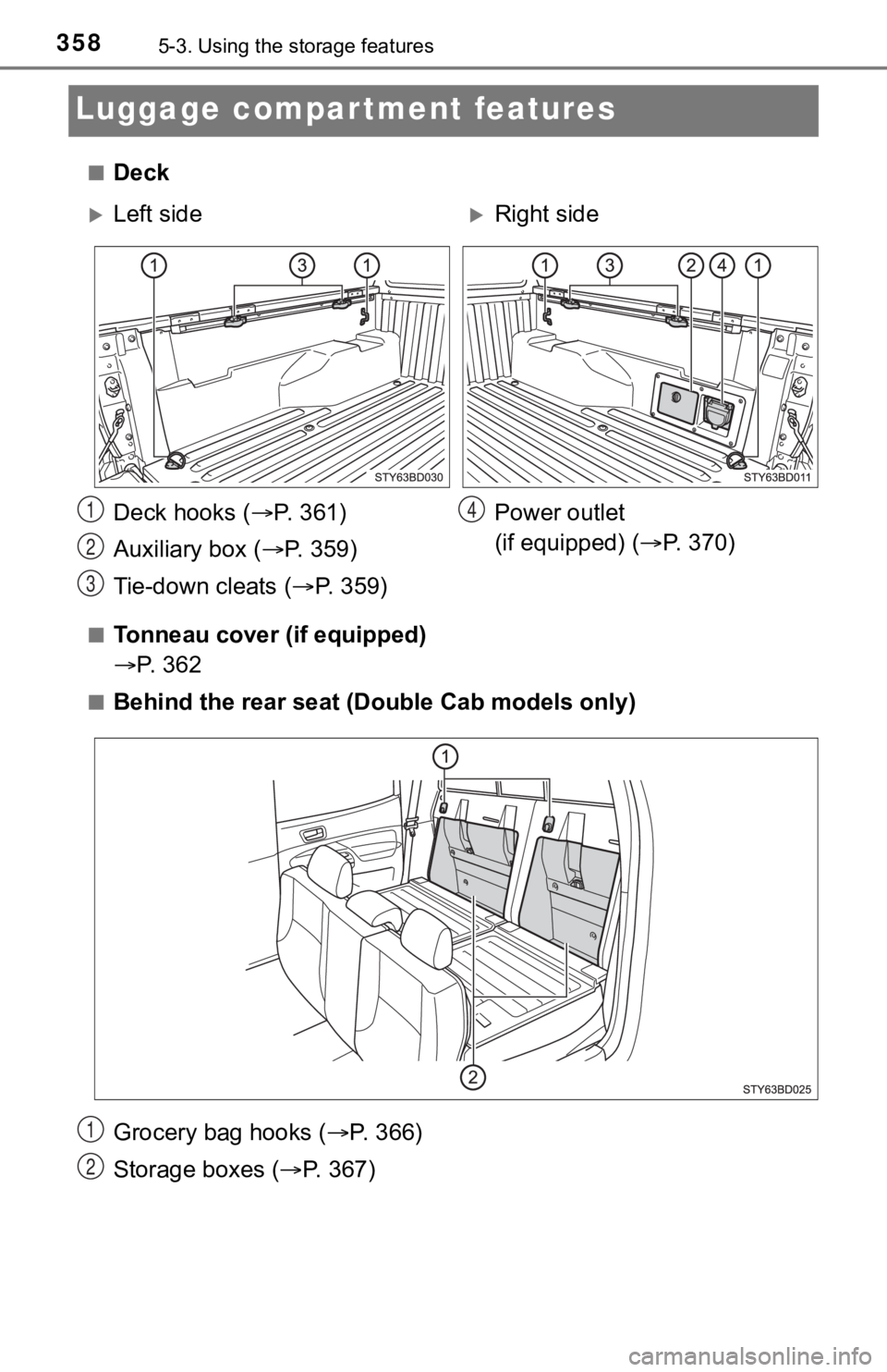TOYOTA TACOMA 2021  Owners Manual (in English) 3585-3. Using the storage features
Luggage compartment features
■Deck
■Tonneau cover (if equipped)
P.   3 6 2
■Behind the rear seat (Do uble Cab models only)
Grocery bag hooks ( P. 366)
St