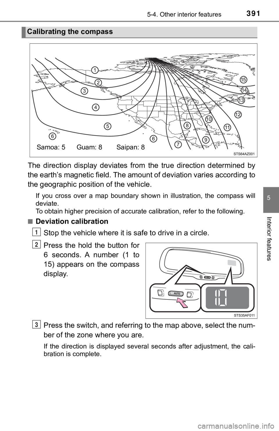 TOYOTA TACOMA 2021  Owners Manual (in English) 3915-4. Other interior features
5
Interior features
The  direction  display  deviates  from  the  true  direction  determin ed  by
the earth’s magnetic field. The  amount of deviation varies acco rd