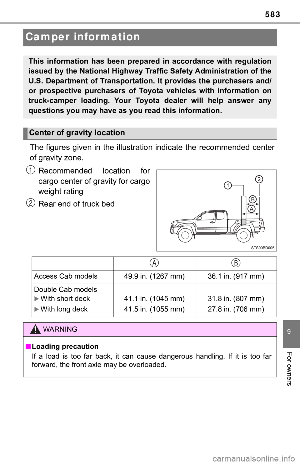 TOYOTA TACOMA 2021 Owners Manual (in English) 583
9
For owners
Camper information
The figures given in the illustration indicate the recommended center
of gravity zone.
Recommended location for
cargo center of gravity for cargo
weight TOYOTA TACOMA 2021 Owners Manual (in English) 583
9
For owners
Camper information
The figures given in the illustration indicate the recommended center
of gravity zone.
Recommended location for
cargo center of gravity for cargo
weight