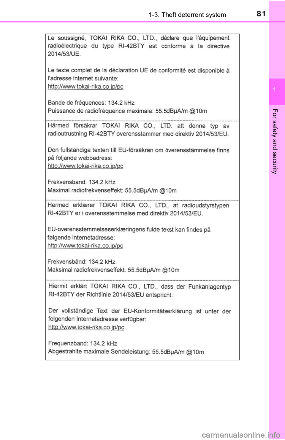 TOYOTA TACOMA 2021   (in English) Manual Online 811-3. Theft deterrent system
1
For safety and security 