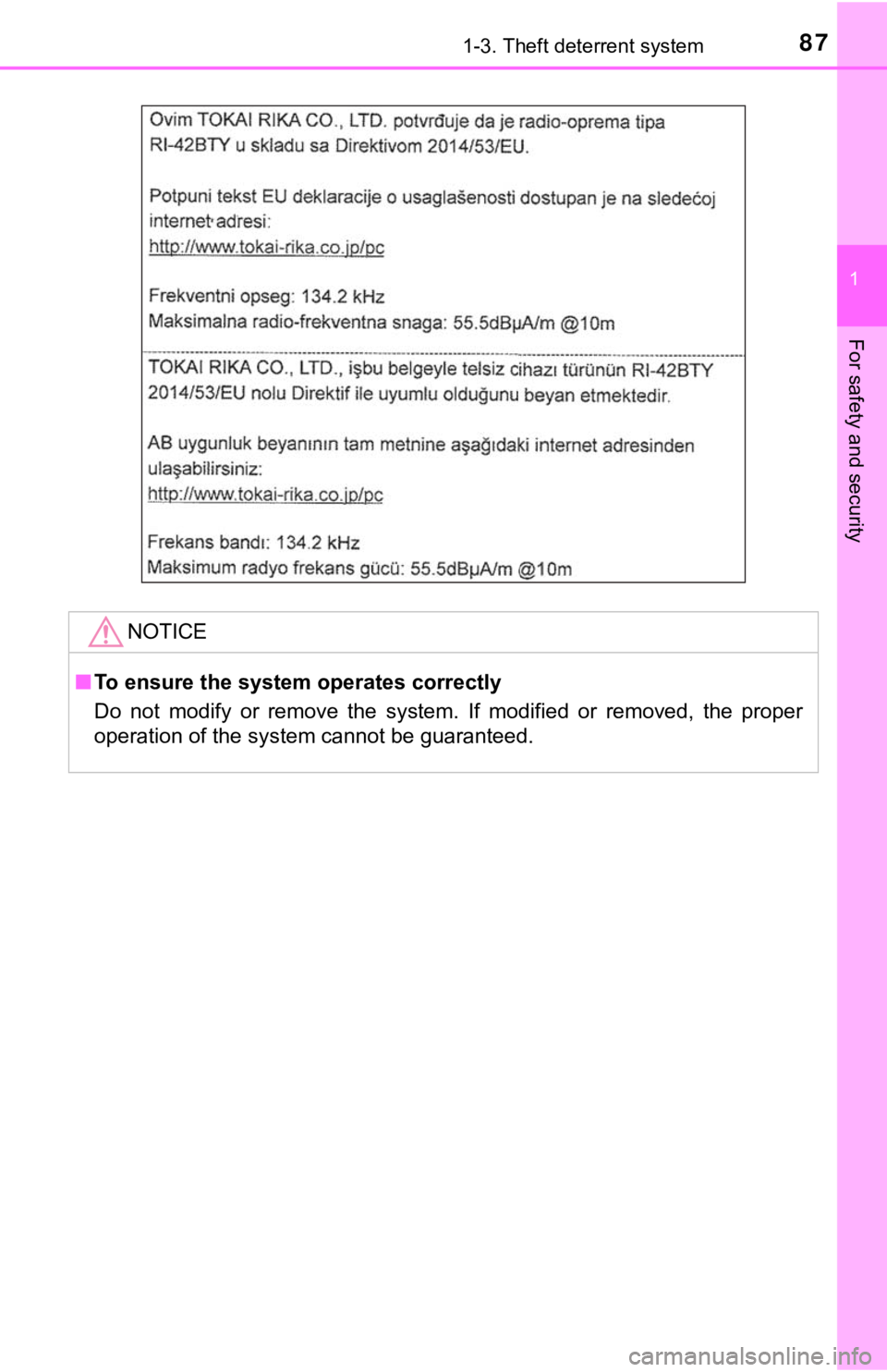 TOYOTA TACOMA 2021   (in English) Manual Online 871-3. Theft deterrent system
1
For safety and security
NOTICE
■To ensure the system operates correctly
Do  not  modify  or  remove  the  system.  If  modified  or  removed,  the   proper
operation 