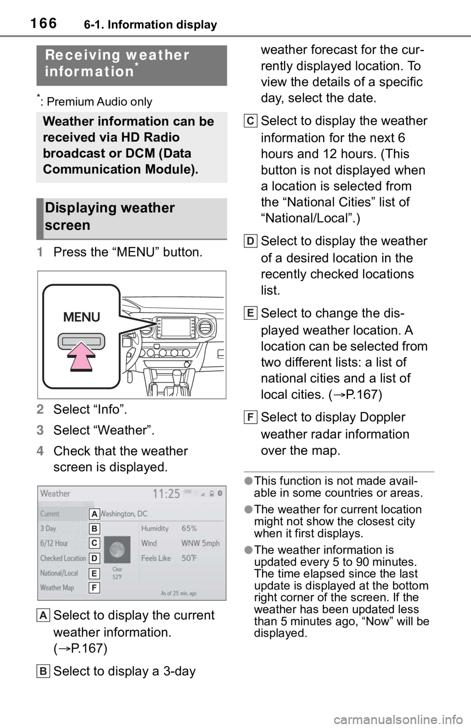 TOYOTA TACOMA 2021  Accessories, Audio & Navigation (in English) 1666-1. Information display
6-1.Information display
*: Premium Audio only
1Press the “MENU” button.
2Select “Info”.
3Select “Weather”.
4Check that the weather 
screen is displayed.
Select 