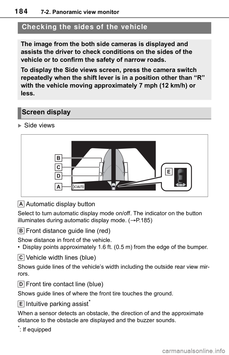 TOYOTA TACOMA 2021  Accessories, Audio & Navigation (in English) 1847-2. Panoramic view monitor
Side views
Automatic display button
Select to turn automatic display mode on/off. The indicator on the button 
illuminates during automatic display mode. (P.185)
F