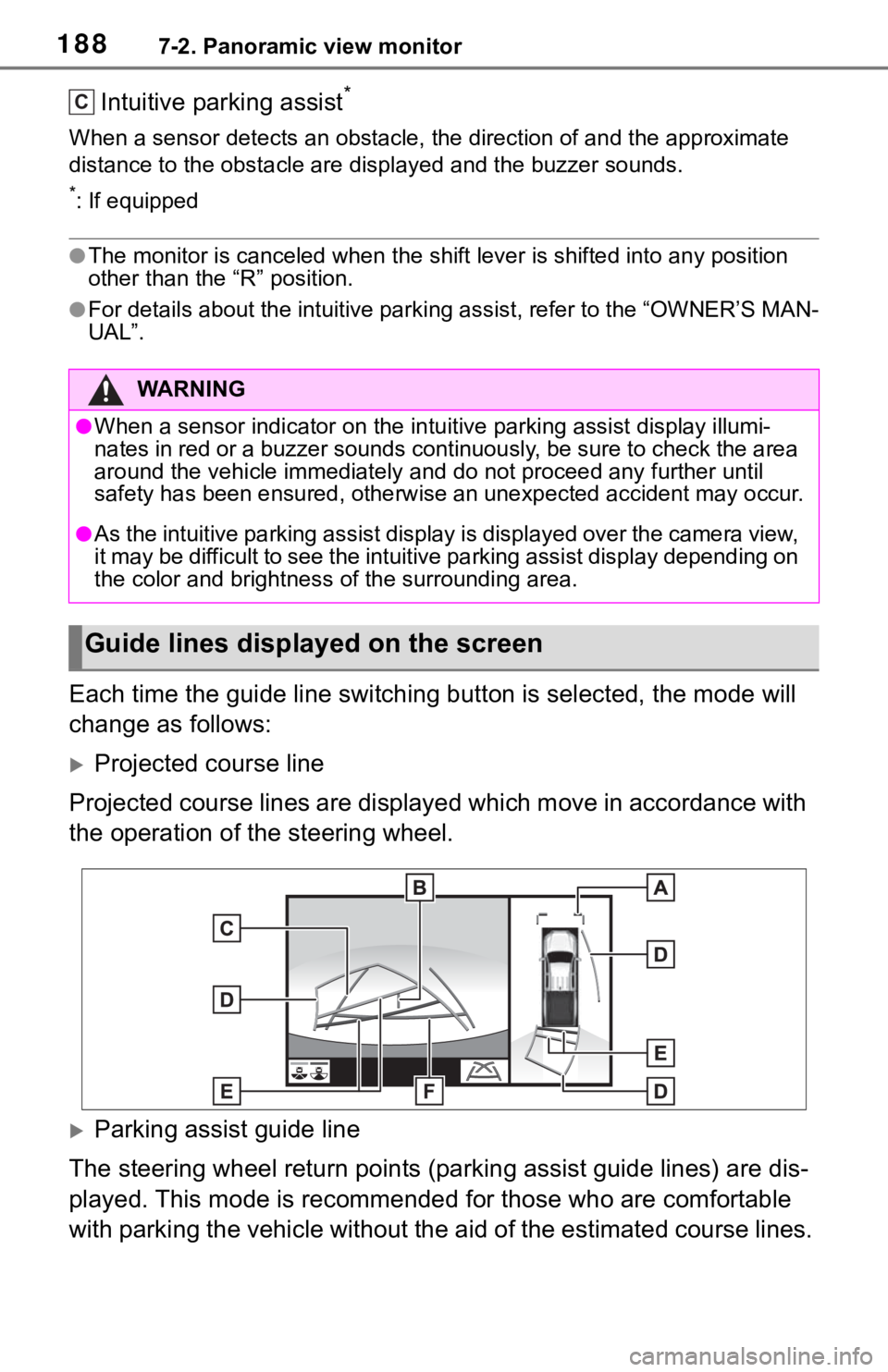 TOYOTA TACOMA 2021  Accessories, Audio & Navigation (in English) 1887-2. Panoramic view monitor
Intuitive parking assist*
When a sensor detects an obstacle, the direction of and the approximate 
distance to the obstacle are displayed and the buzzer sounds.
*: If eq