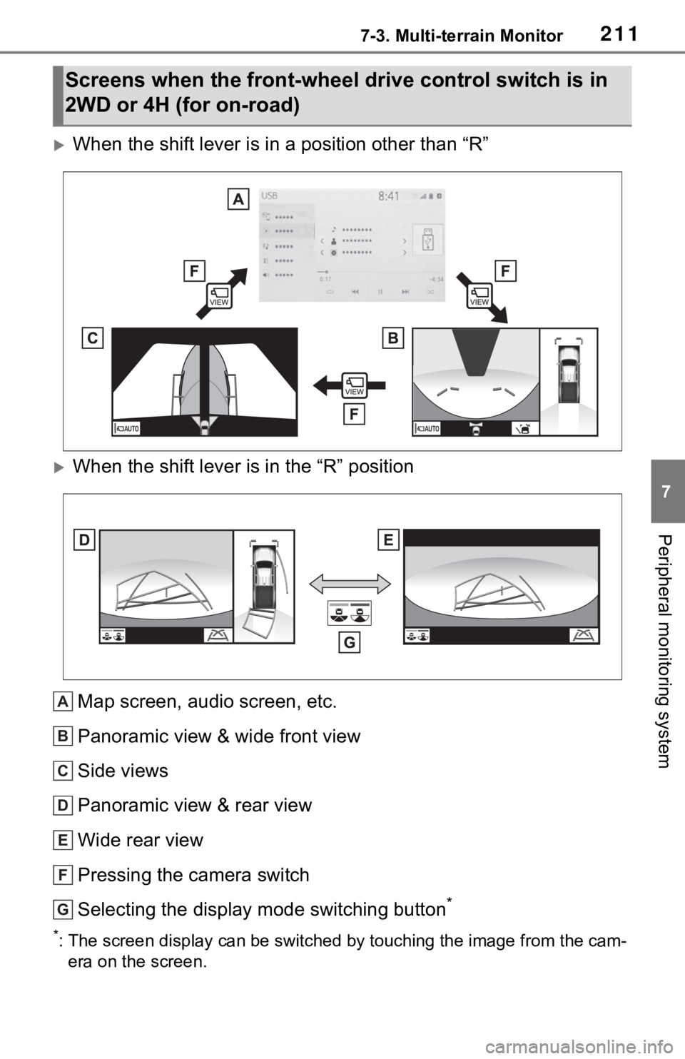TOYOTA TACOMA 2021  Accessories, Audio & Navigation (in English) 2117-3. Multi-terrain Monitor
7
Peripheral monitoring system
When the shift lever is in a position other than “R”
When the shift lever is in the “R” position
Map screen, audio screen, et
