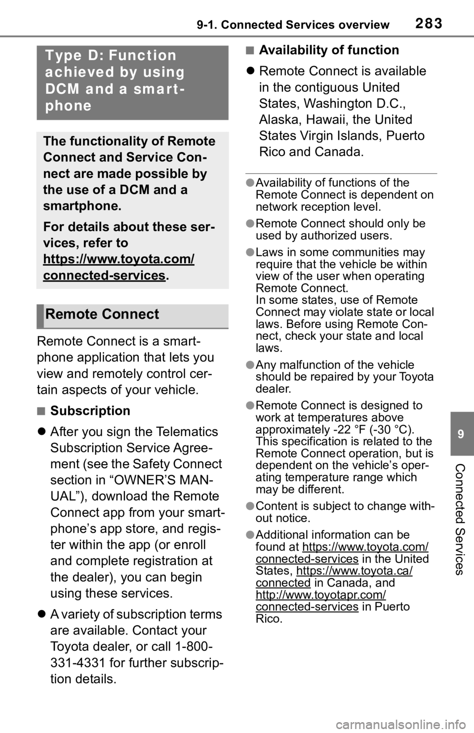 TOYOTA TACOMA 2021  Accessories, Audio & Navigation (in English) 2839-1. Connected Services overview
9
Connected Services
Remote Connect is a smart-
phone application that lets you 
view and remotely control cer-
tain aspects of your vehicle.
■Subscription
Aft