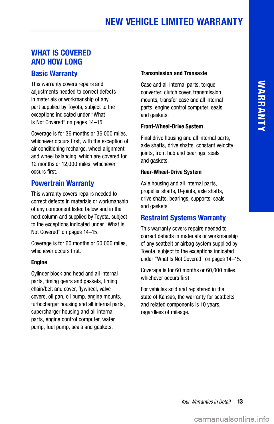 TOYOTA TACOMA 2021  Warranties & Maintenance Guides (in English) 13Your Warranties in Detail
WARRANTY
WHAT IS COVERED  
AND HOW LONG
Basic Warranty
This warranty covers repairs and   
adjustments needed to correct defects   
in materials or workmanship of any   
pa