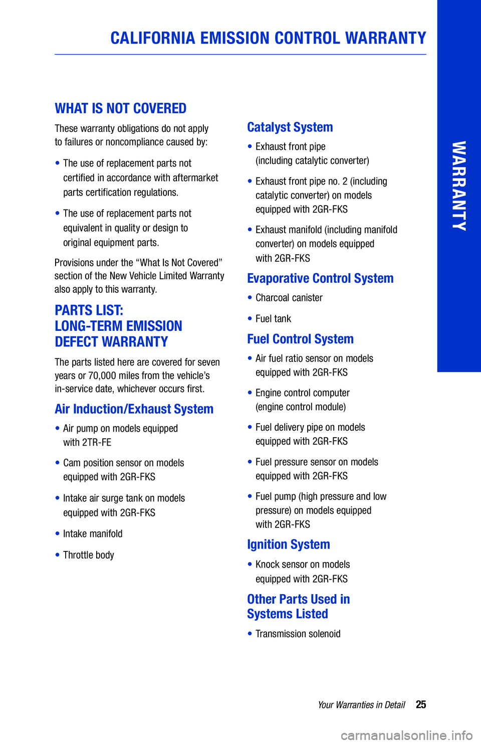 TOYOTA TACOMA 2021  Warranties & Maintenance Guides (in English) 25Your Warranties in Detail
WARRANTY
WHAT IS NOT COVERED 
These warranty obligations do not apply  
to failures or noncompliance caused by:
•  The use of replacement parts not   
certified in accord