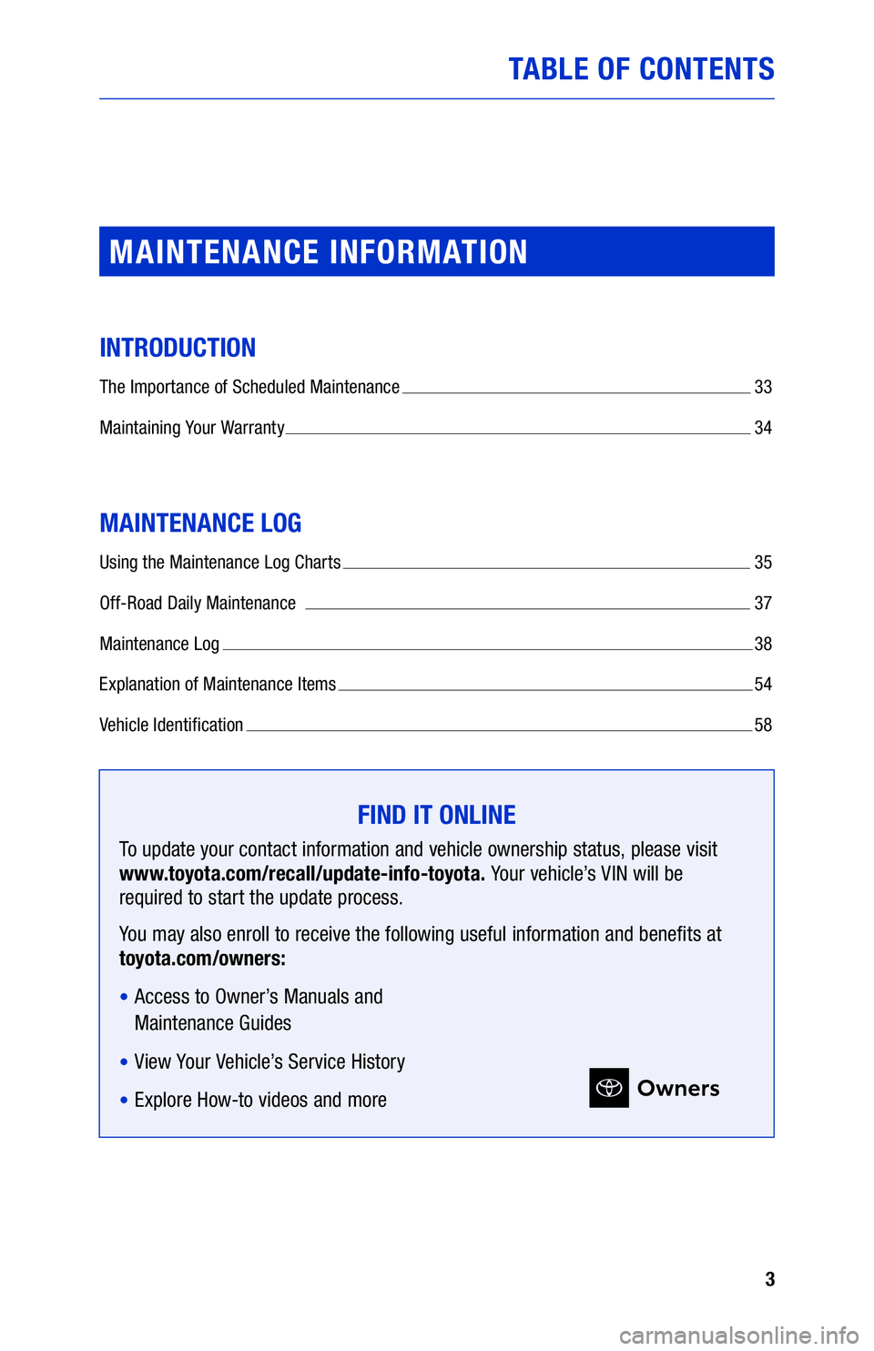 TOYOTA TACOMA 2021 Warranties & Maintenance Guides (in English) 3
TABLE OF CONTENTS
MAINTENANCE INFORMATION
INTRODUCTION
The Importance of Scheduled Maintenance 33
Maintaining Your Warranty
34
MAINTENANCE LOG
Using the Maintenance Log Charts 35
Off-Road Dail TOYOTA TACOMA 2021 Warranties & Maintenance Guides (in English) 3
TABLE OF CONTENTS
MAINTENANCE INFORMATION
INTRODUCTION
The Importance of Scheduled Maintenance 33
Maintaining Your Warranty
34
MAINTENANCE LOG
Using the Maintenance Log Charts 35
Off-Road Dail