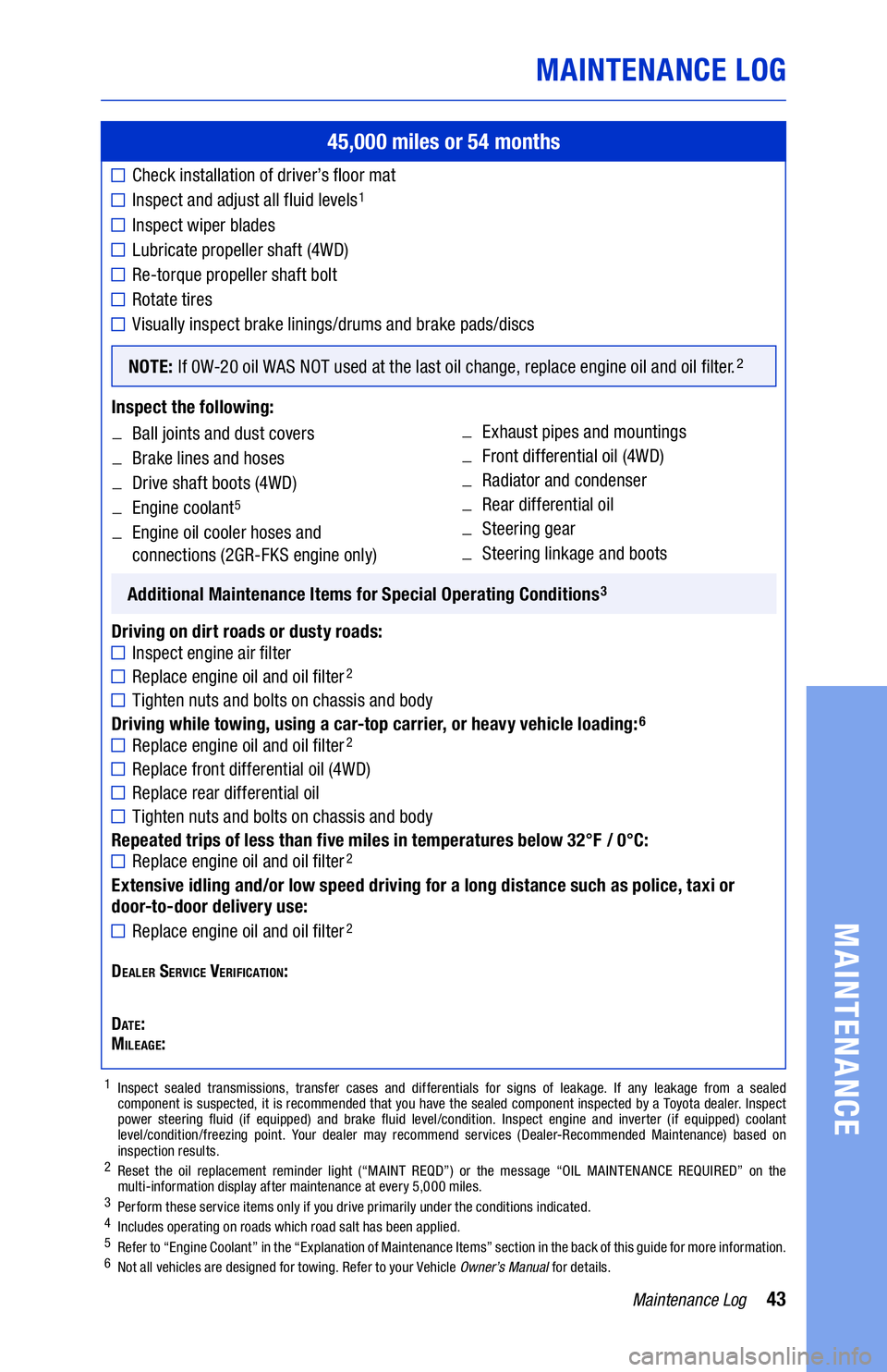 TOYOTA TACOMA 2021 Warranties & Maintenance Guides (in English) 43Maintenance Log
MAINTENANCE LOG
MAINTENANCE
1 Inspect sealed transmissions, transfer cases and differentials for signs of leakage. If any leakage from a sealed
component is suspected, it is recomm TOYOTA TACOMA 2021 Warranties & Maintenance Guides (in English) 43Maintenance Log
MAINTENANCE LOG
MAINTENANCE
1 Inspect sealed transmissions, transfer cases and differentials for signs of leakage. If any leakage from a sealed
component is suspected, it is recomm