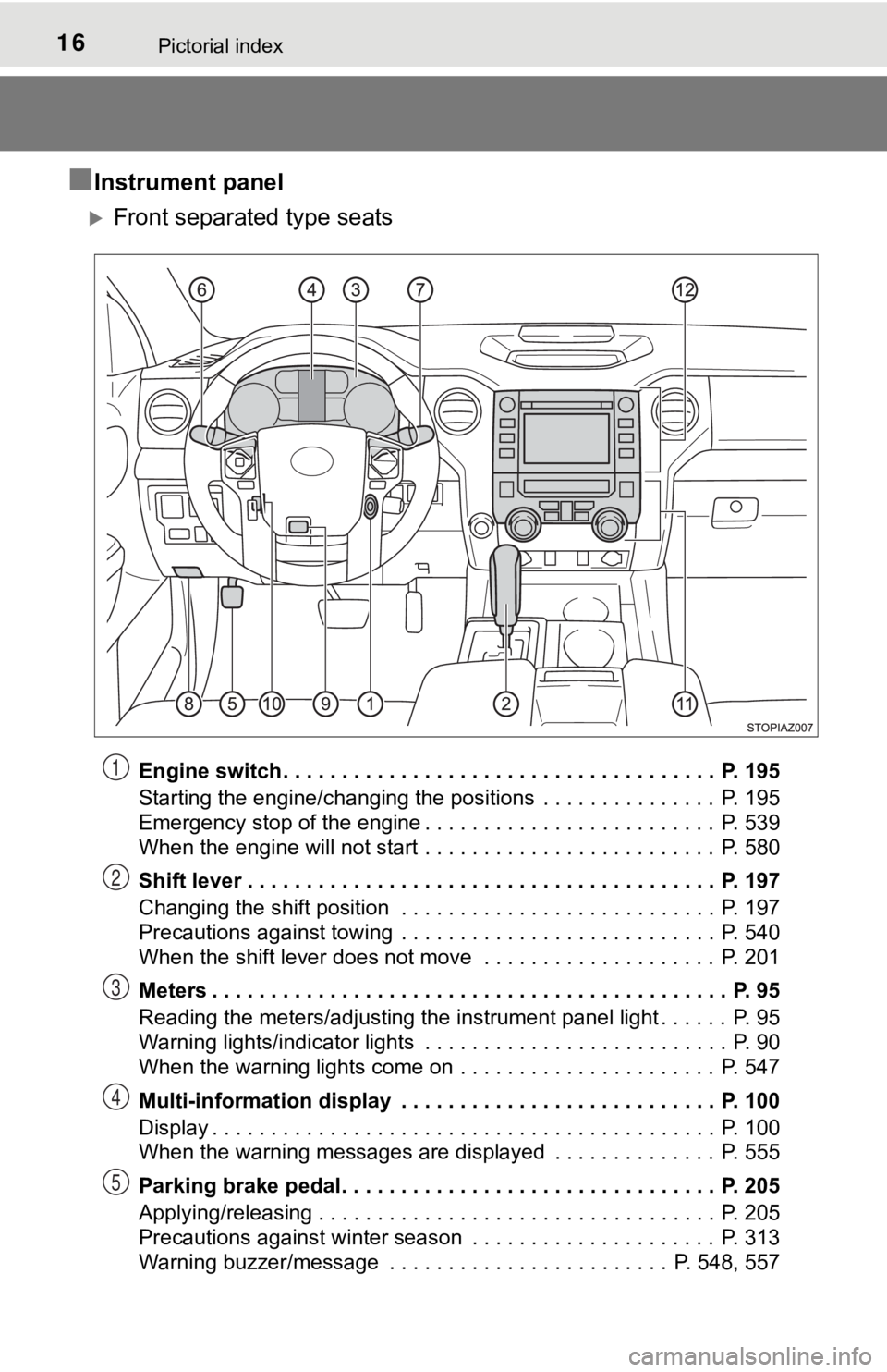 TOYOTA TUNDRA 2018 Owners Manual (in English) 16Pictorial index
■Instrument panel
Front separated type seats
Engine switch . . . . . . . . . . . . . . . . . . . . . . . . . . . . . . . . . . . . . P. 195
Starting the engine/changing the pos TOYOTA TUNDRA 2018 Owners Manual (in English) 16Pictorial index
■Instrument panel
Front separated type seats
Engine switch . . . . . . . . . . . . . . . . . . . . . . . . . . . . . . . . . . . . . P. 195
Starting the engine/changing the pos