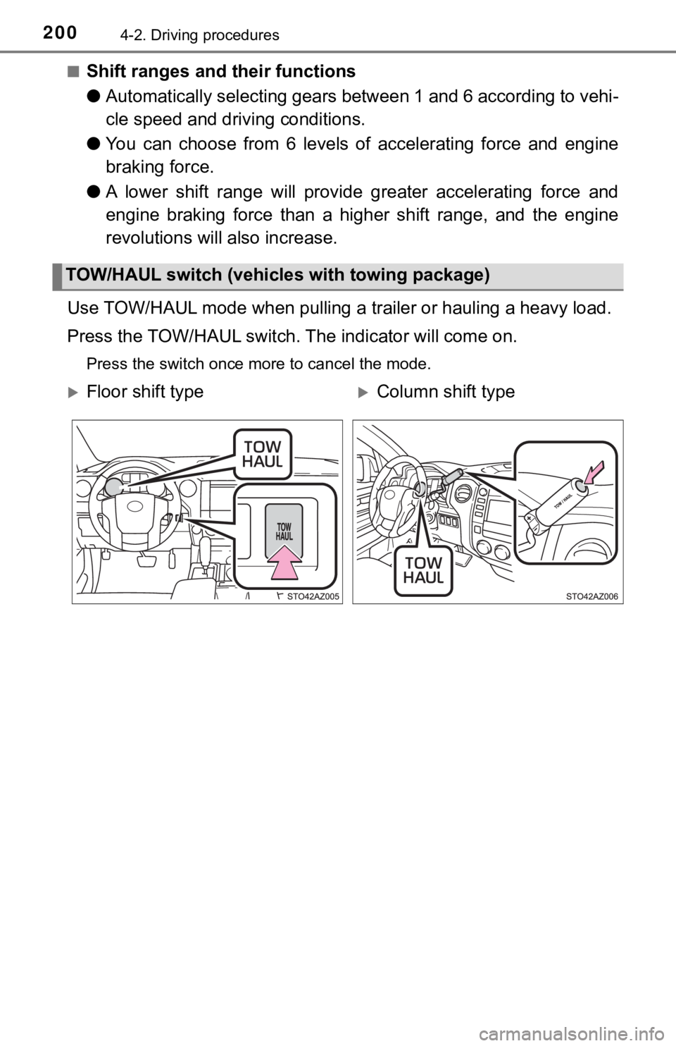 TOYOTA TUNDRA 2018  Owners Manual (in English) 2004-2. Driving procedures
■Shift ranges and their functions
●Automatically selecting gears between 1 and 6 according to vehi -
cle speed and dri ving conditions.
● You  can  choose  from  6  le