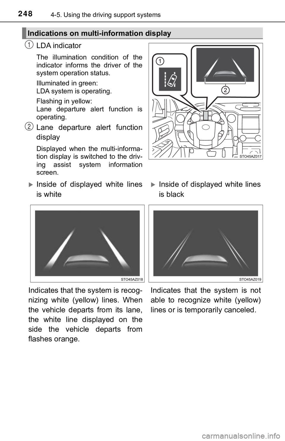 TOYOTA TUNDRA 2018  Owners Manual (in English) 2484-5. Using the driving support systems
LDA indicator
The  illumination  condition  of  the
indicator  informs  the  driver  of  the
system operation status.
Illuminated in green:
LDA system is oper