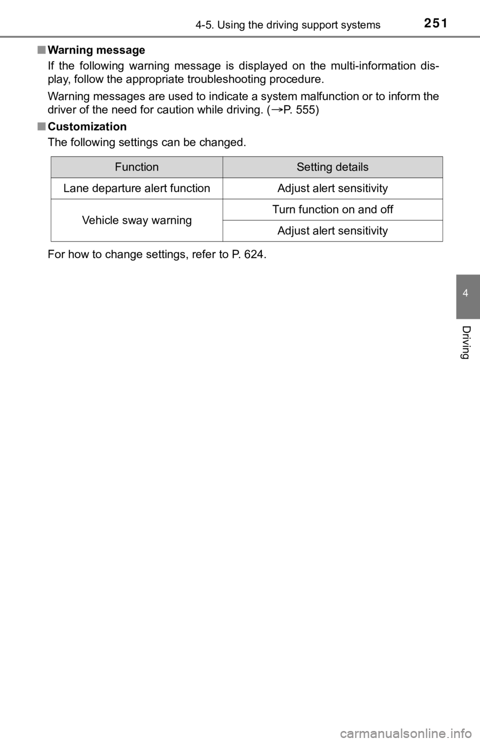 TOYOTA TUNDRA 2018 Owners Manual (in English) 2514-5. Using the driving support systems
4
Driving
■Warning message
If the following warning message is displayed on the multi-information dis-
play, follow the appropriate troubleshootin TOYOTA TUNDRA 2018 Owners Manual (in English) 2514-5. Using the driving support systems
4
Driving
■Warning message
If the following warning message is displayed on the multi-information dis-
play, follow the appropriate troubleshootin