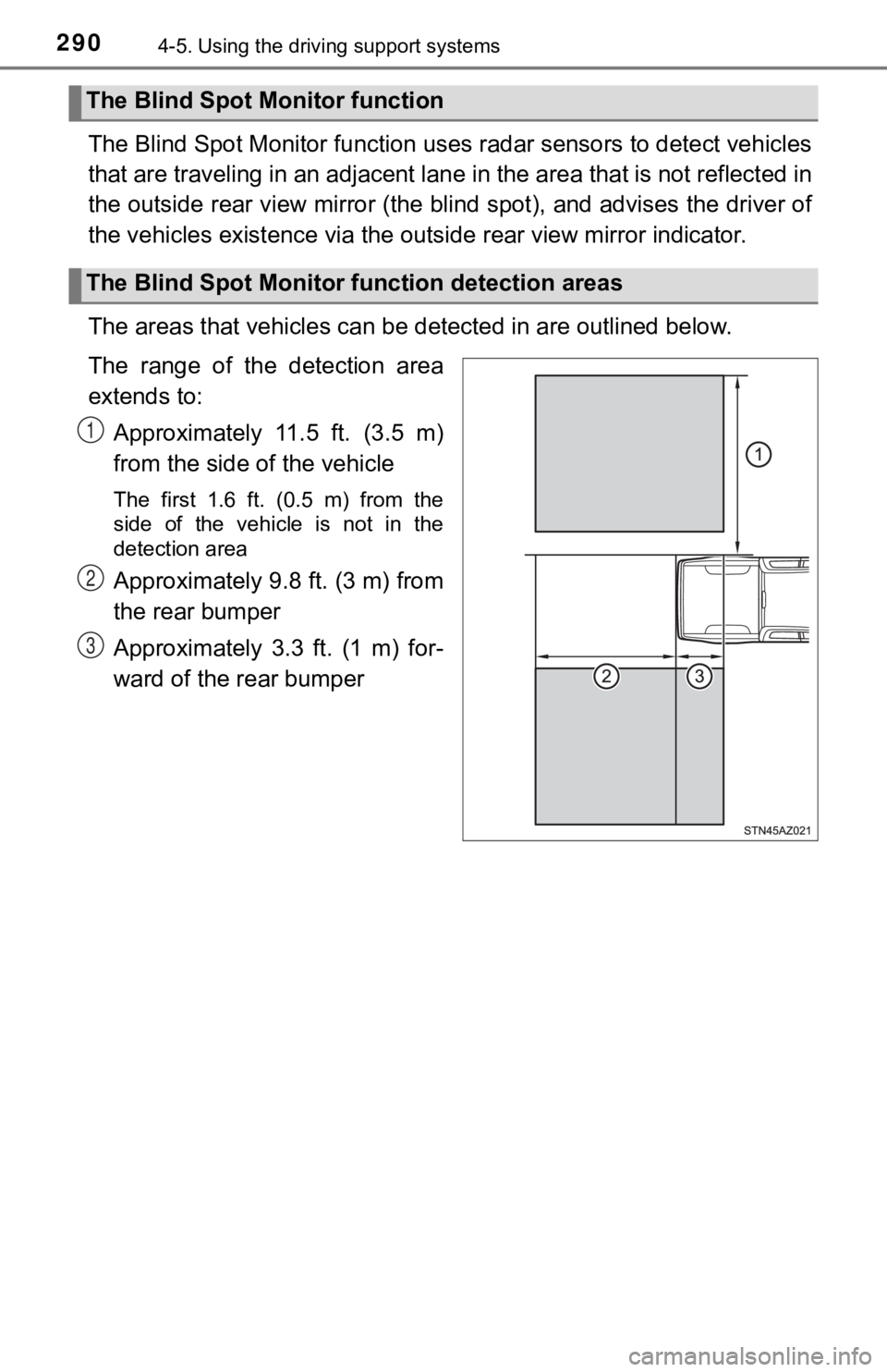 TOYOTA TUNDRA 2018 Owners Manual (in English) 2904-5. Using the driving support systems
The Blind Spot Monitor function uses radar sensors to detect ve hicles
that are traveling in an adjacent lane in the area that is not reflected in
the outsid TOYOTA TUNDRA 2018 Owners Manual (in English) 2904-5. Using the driving support systems
The Blind Spot Monitor function uses radar sensors to detect ve hicles
that are traveling in an adjacent lane in the area that is not reflected in
the outsid