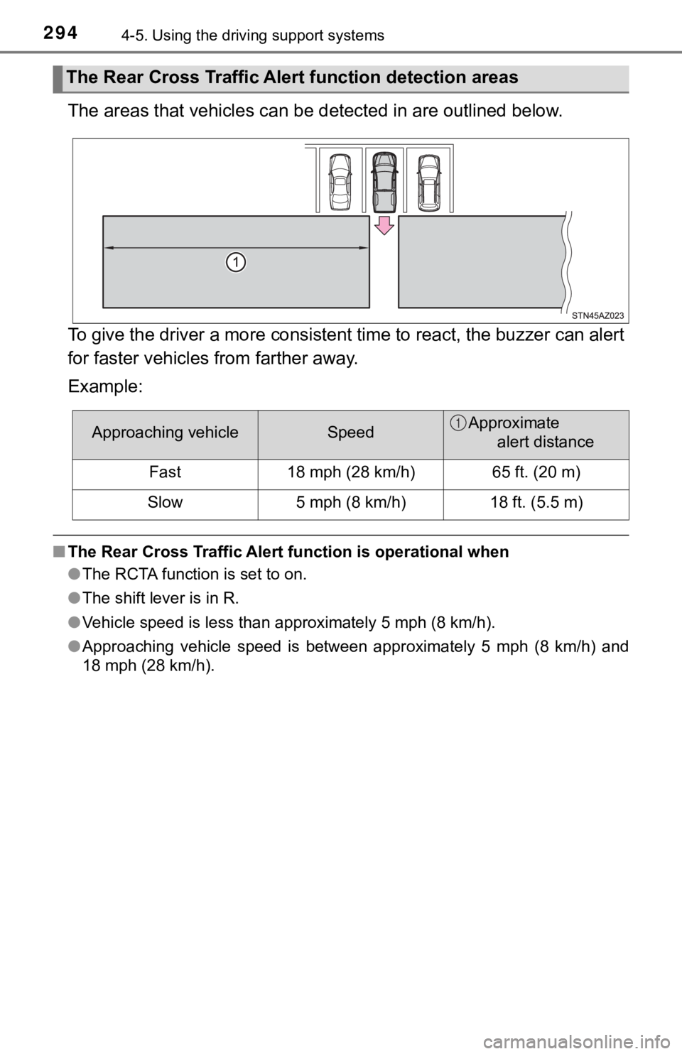 TOYOTA TUNDRA 2018 Owners Manual (in English) 2944-5. Using the driving support systems
The areas that vehicles can be detected in are outlined below.
To give the driver a more consistent time to react, the buzzer can alert
for faster vehicles TOYOTA TUNDRA 2018 Owners Manual (in English) 2944-5. Using the driving support systems
The areas that vehicles can be detected in are outlined below.
To give the driver a more consistent time to react, the buzzer can alert
for faster vehicles