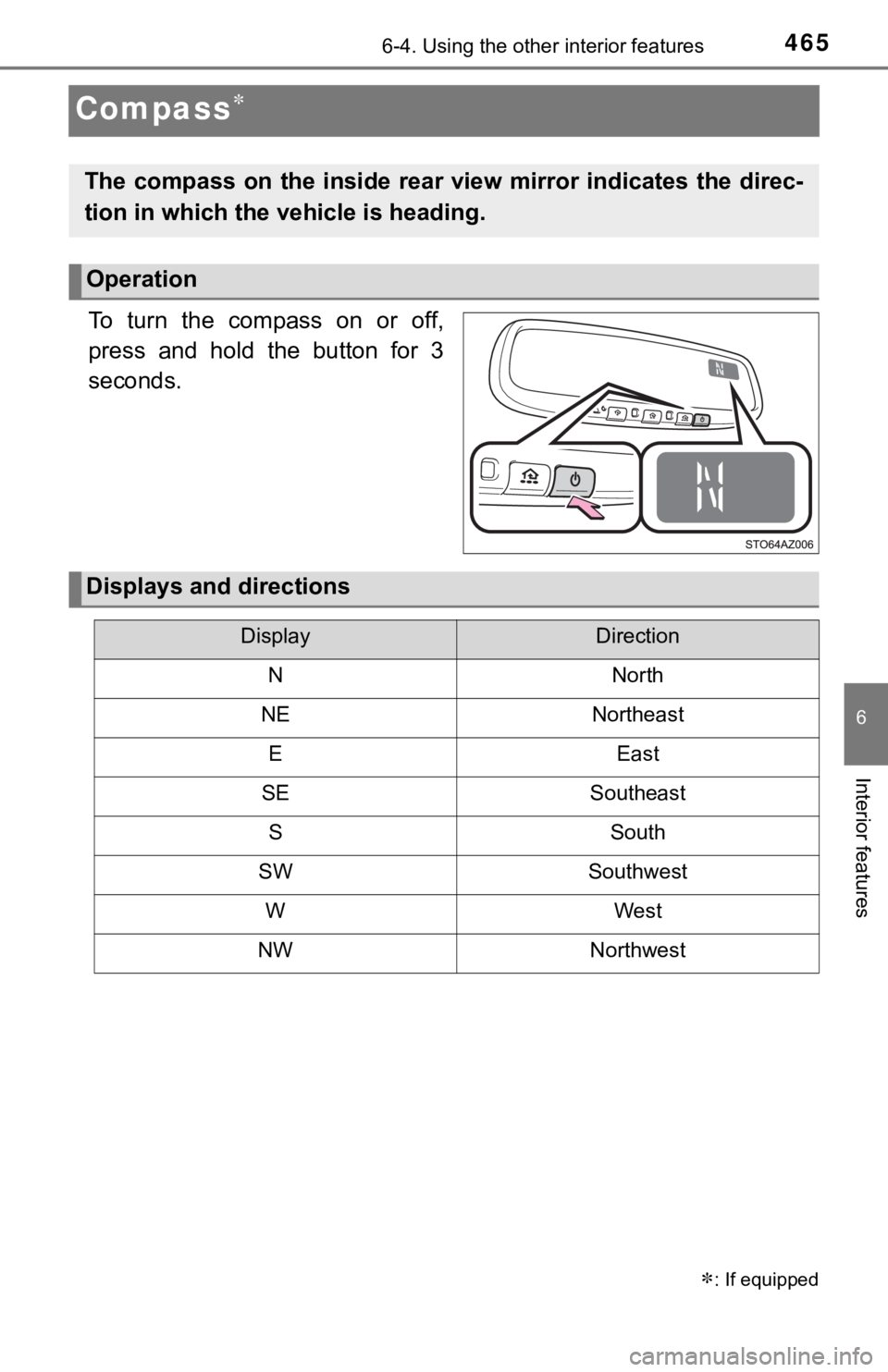 TOYOTA TUNDRA 2018  Owners Manual (in English) 4656-4. Using the other interior features
6
Interior features
Compass
To  turn  the  compass  on  or  off,
press  and  hold  the  button  for  3
seconds.
: If equipped
The  compass  on  the insi