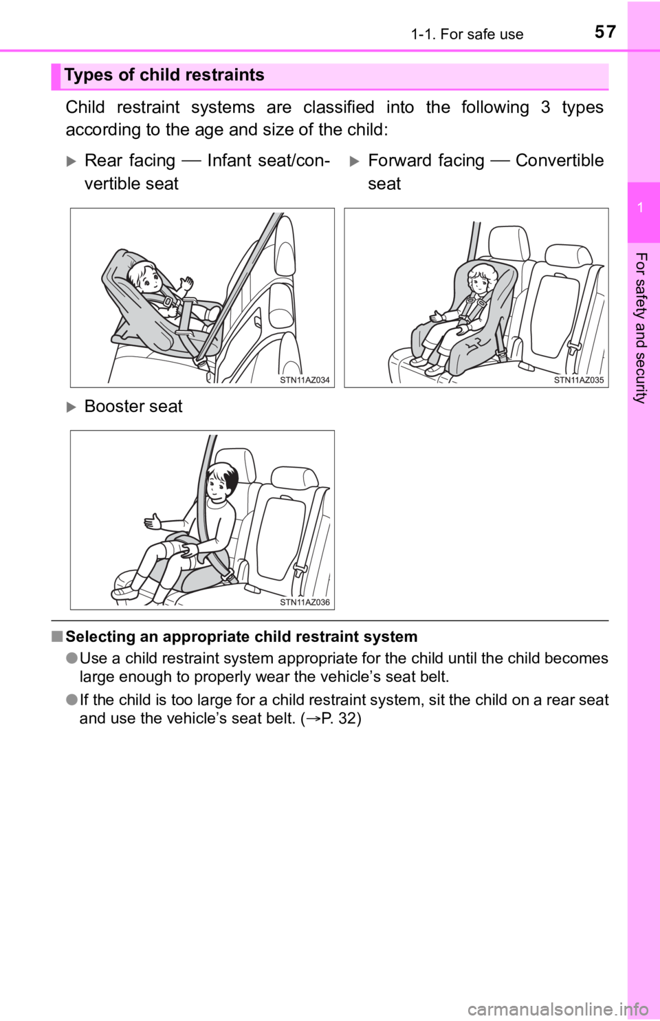 TOYOTA TUNDRA 2018 (in English) Workshop Manual 571-1. For safe use
1
For safety and security
Child restraint systems are classified into the following 3 types
according to the age a nd size of the child:
■Selecting an appropriate child TOYOTA TUNDRA 2018 (in English) Workshop Manual 571-1. For safe use
1
For safety and security
Child restraint systems are classified into the following 3 types
according to the age a nd size of the child:
■Selecting an appropriate child