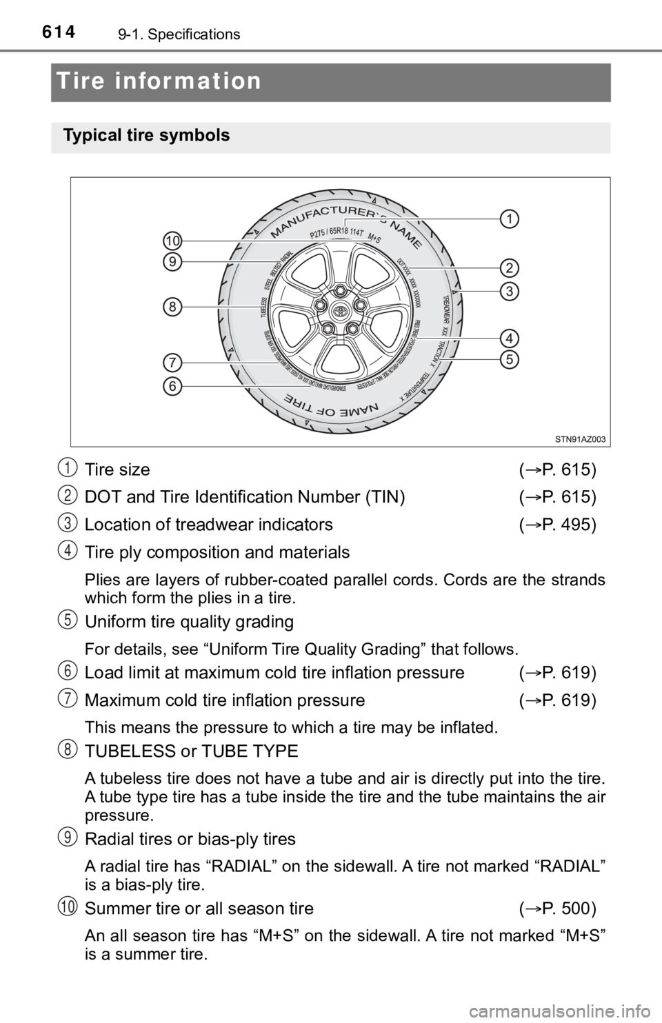 TOYOTA TUNDRA 2018 Owners Manual (in English) 6149-1. Specifications
Tire information
Tire size ( P. 615)
DOT and Tire Identification Number (TIN) ( P. 615)
Location of treadwear indicators ( P. 495)
Tire ply composition and materials
Pl TOYOTA TUNDRA 2018 Owners Manual (in English) 6149-1. Specifications
Tire information
Tire size ( P. 615)
DOT and Tire Identification Number (TIN) ( P. 615)
Location of treadwear indicators ( P. 495)
Tire ply composition and materials
Pl