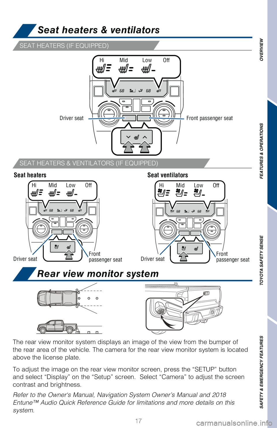 TOYOTA TUNDRA 2018   (in English) User Guide OVERVIEW
FEATURES & OPERATIONS
TOYOTA SAFETY SENSE
SAFETY & EMERGENCY FEATURES
17
�4�&�"�5��)�&�"�5�&�3�4��	�*���&�2�6�*�1�1�&�%�

�4�&�"�5��)�&�"�5�&�3�4����7�&�/�5�*�-�"�5�0�3�4��	�*���&�