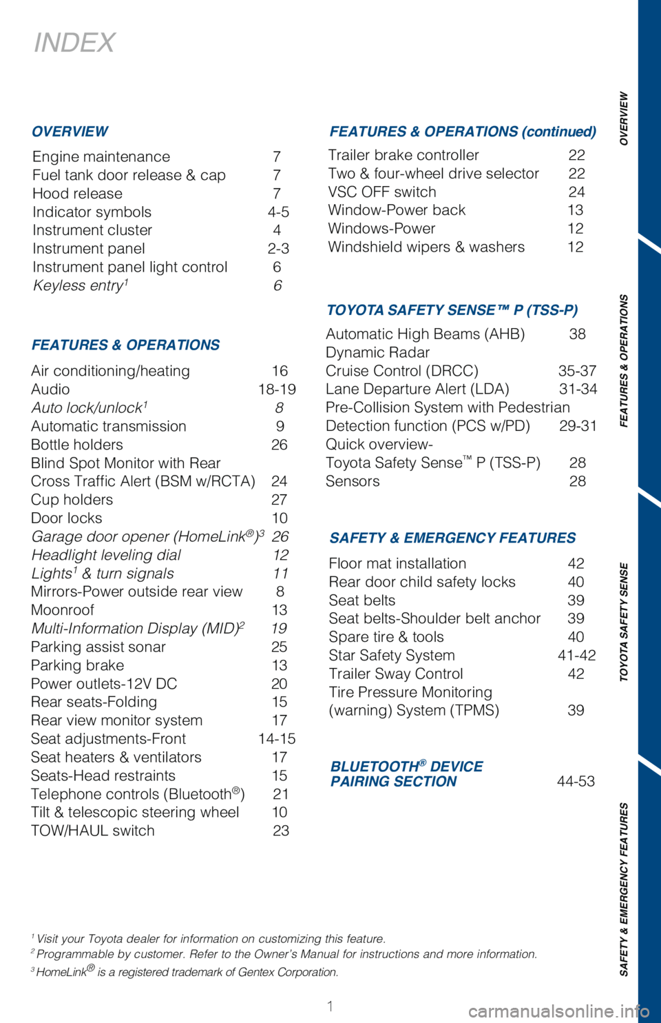 TOYOTA TUNDRA 2018 Owners Manual (in English) OVERVIEW
FEATURES & OPERATIONS
TOYOTA SAFETY SENSE
SAFETY & EMERGENCY FEATURES
1
INDEX
Engine maintenance 7
Fuel tank door release & cap 7
Hood release 7
Indicator symbols 4-5
Instrument cluster TOYOTA TUNDRA 2018 Owners Manual (in English) OVERVIEW
FEATURES & OPERATIONS
TOYOTA SAFETY SENSE
SAFETY & EMERGENCY FEATURES
1
INDEX
Engine maintenance 7
Fuel tank door release & cap 7
Hood release 7
Indicator symbols 4-5
Instrument cluster