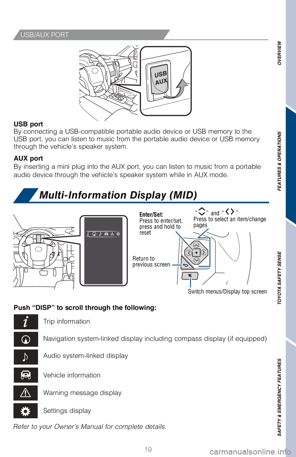 TOYOTA TUNDRA 2018 (in English) Owners Manual OVERVIEW
FEATURES & OPERATIONS
TOYOTA SAFETY SENSE
SAFETY & EMERGENCY FEATURES
19
USB/AUX PORT
USB port
By connecting a USB-compatible portable audio device or USB memory to th\
e
USB port, you can l TOYOTA TUNDRA 2018 (in English) Owners Manual OVERVIEW
FEATURES & OPERATIONS
TOYOTA SAFETY SENSE
SAFETY & EMERGENCY FEATURES
19
USB/AUX PORT
USB port
By connecting a USB-compatible portable audio device or USB memory to th\
e
USB port, you can l
