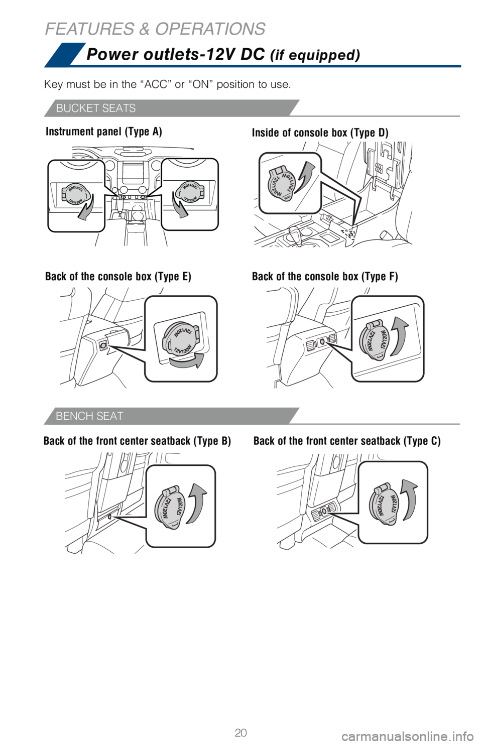 TOYOTA TUNDRA 2018 (in English) Owners Manual 20
FEATURES & OPERATIONSPower outlets-12V DC
(if equipped)
BUCKET SEATS
BENCH SEAT
Inside of console box (Type D)Instrument panel (Type A)
Back of the front center seatback (Type B)Back of the front TOYOTA TUNDRA 2018 (in English) Owners Manual 20
FEATURES & OPERATIONSPower outlets-12V DC
(if equipped)
BUCKET SEATS
BENCH SEAT
Inside of console box (Type D)Instrument panel (Type A)
Back of the front center seatback (Type B)Back of the front