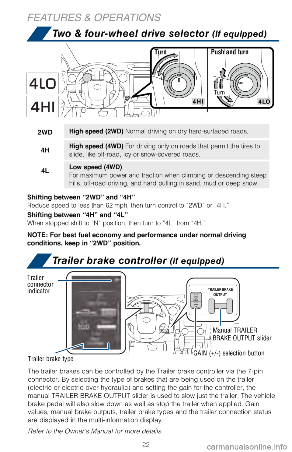 TOYOTA TUNDRA 2018 (in English) Owners Manual 22
FEATURES & OPERATIONS
Push and turn
Turn
Shifting between “2WD” and “4H”
Reduce speed to less than 62 mph, then turn control to “2WD” or “\
4H.”
Shifting between “4H” and “4L TOYOTA TUNDRA 2018 (in English) Owners Manual 22
FEATURES & OPERATIONS
Push and turn
Turn
Shifting between “2WD” and “4H”
Reduce speed to less than 62 mph, then turn control to “2WD” or “\
4H.”
Shifting between “4H” and “4L