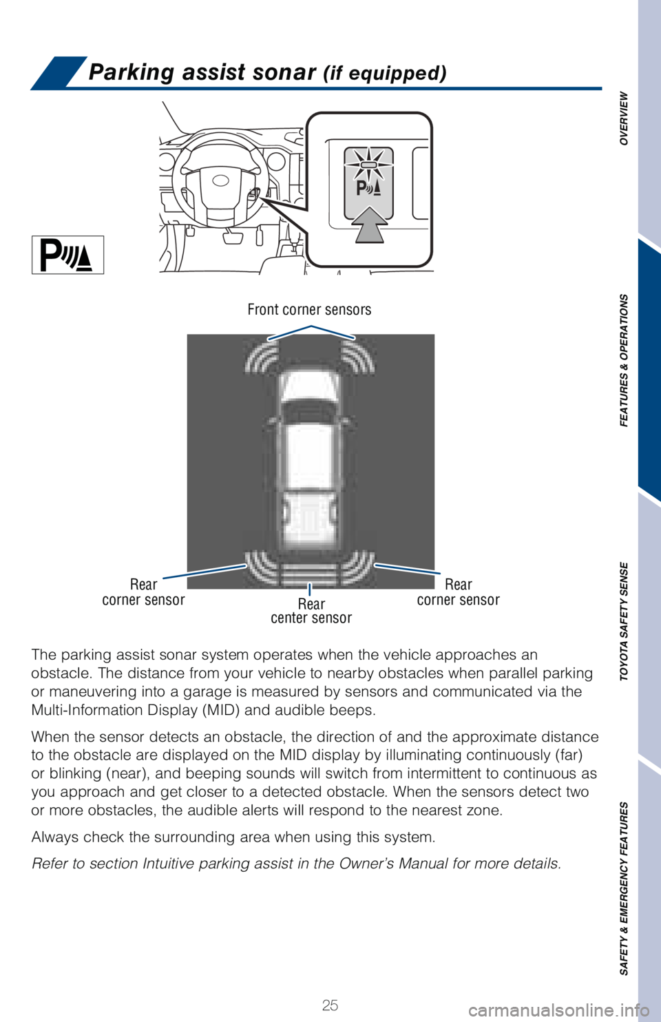 TOYOTA TUNDRA 2018 (in English) Owners Manual 25
OVERVIEW
FEATURES & OPERATIONS
TOYOTA SAFETY SENSE
SAFETY & EMERGENCY FEATURES
Parking assist sonar (if equipped)
The parking assist sonar system operates when the vehicle approaches an \
obstacle TOYOTA TUNDRA 2018 (in English) Owners Manual 25
OVERVIEW
FEATURES & OPERATIONS
TOYOTA SAFETY SENSE
SAFETY & EMERGENCY FEATURES
Parking assist sonar (if equipped)
The parking assist sonar system operates when the vehicle approaches an \
obstacle