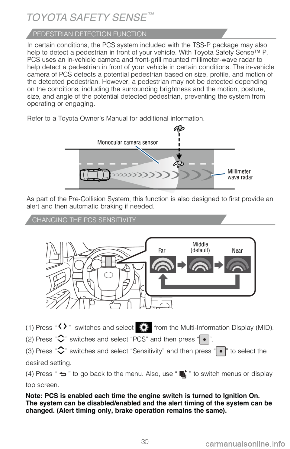 TOYOTA TUNDRA 2018   (in English) Owners Guide 30
TOYOTA SAFETY SENSE™
CHANGING THE PCS SENSITIVITY
FarMiddle
(default) Near
�	��
��1�S�F�T�T��i”  switches and select ��G�S�P�N��U�I�F��.�V�M�U�J��*�O�G�P�S�N�B�U�J�P�O��%�J�T�Q�M�B�Z��