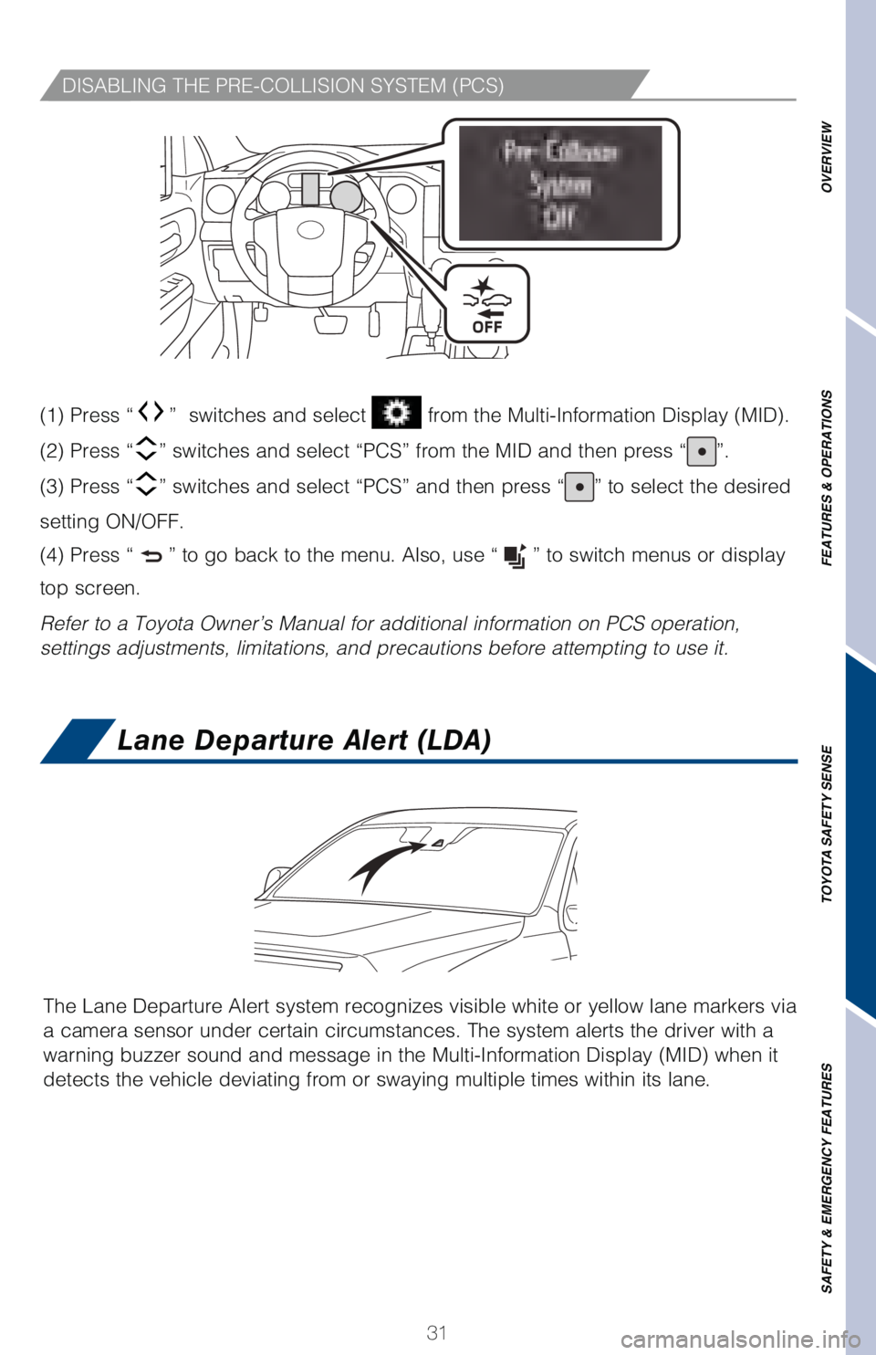 TOYOTA TUNDRA 2018   (in English) Owners Guide 31
OVERVIEW
FEATURES & OPERATIONS
TOYOTA SAFETY SENSE
SAFETY & EMERGENCY FEATURES
�%�*�4�"�#�-�*�/�(��5�)�&��1�3�&��$�0�-�-�*�4�*�0�/��4�:�4�5�&�.��	�1�$�4�

�	��
��1�S�F�T�T��i”  switches a