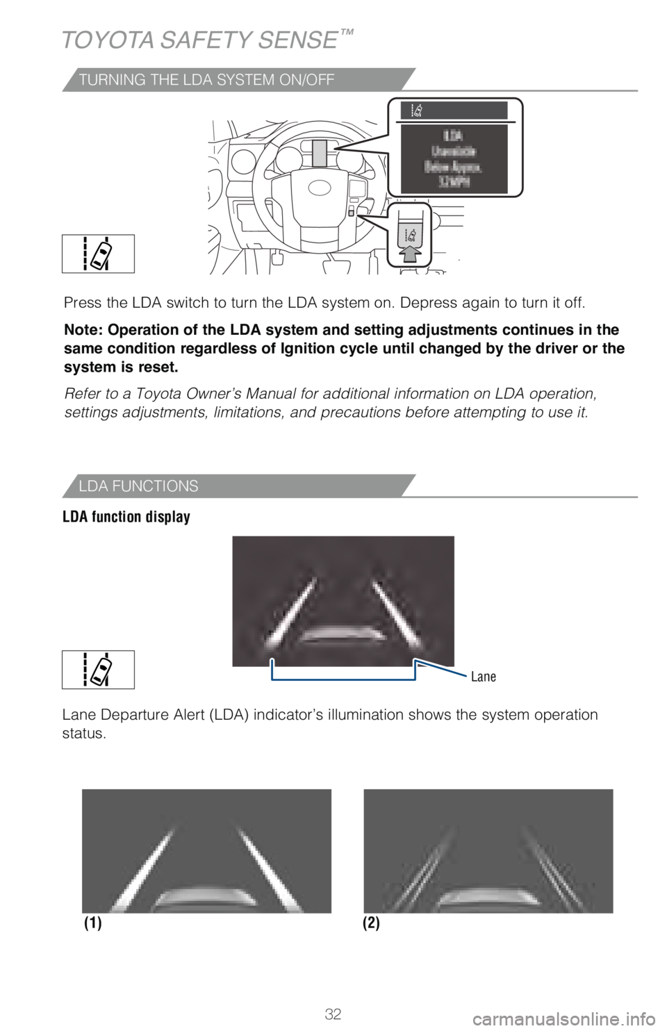 TOYOTA TUNDRA 2018   (in English) Owners Guide 32
TOYOTA SAFETY SENSE™
TURNING THE LDA SYSTEM ON/OFF
Press the LDA switch to turn the LDA system on. Depress again to turn it\
 off.
Note: Operation of the LDA system and setting adjustments contin