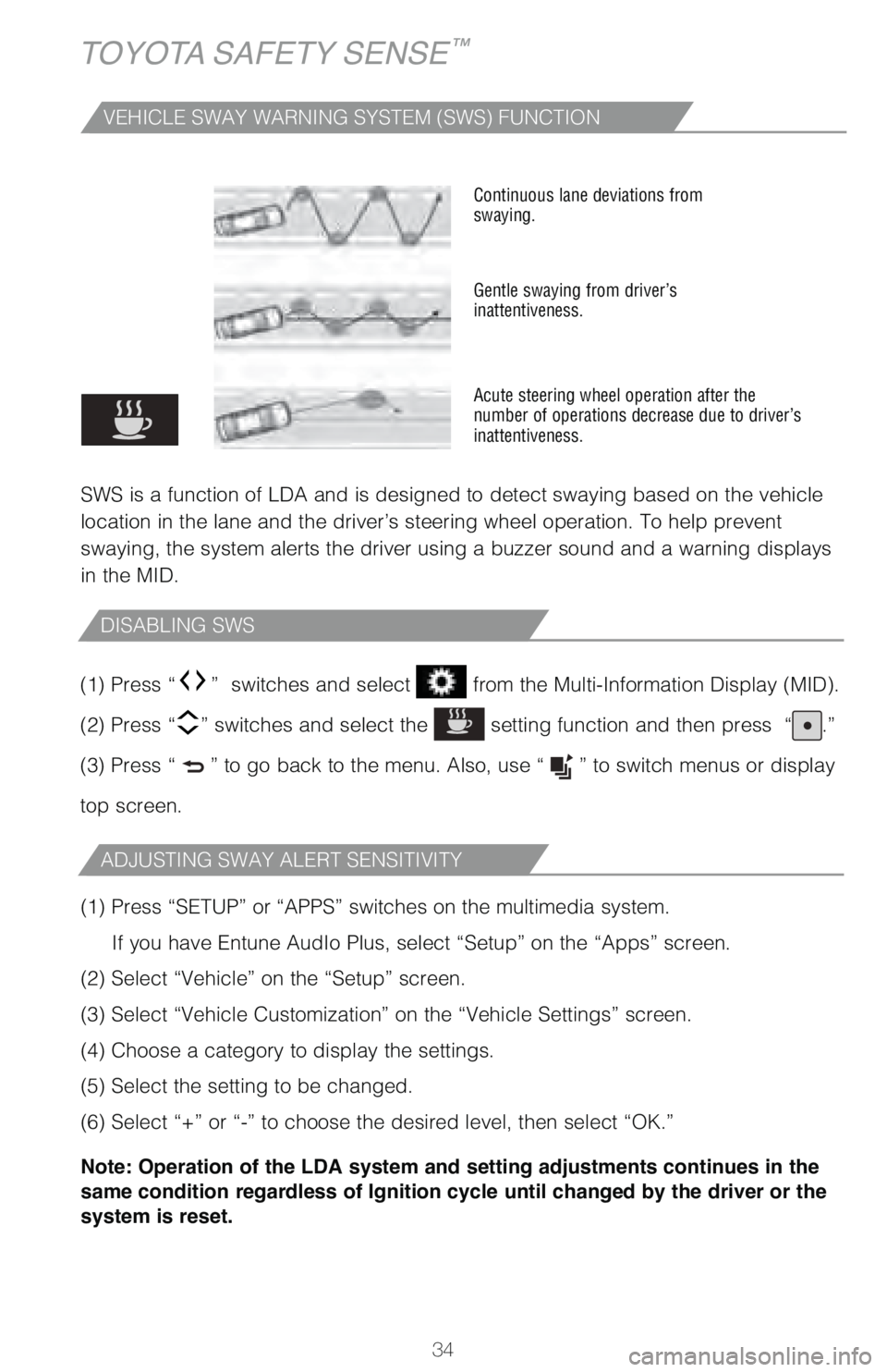 TOYOTA TUNDRA 2018   (in English) Owners Guide 34
TOYOTA SAFETY SENSE™
�7�&�)�*�$�-�&��4�8�"�:��8�"�3�/�*�/�(��4�:�4�5�&�.��	�4�8�4�
���6�/�$�5�*�0�/
SWS is a function of LDA and is designed to detect swaying based on the \
vehicle 
locati