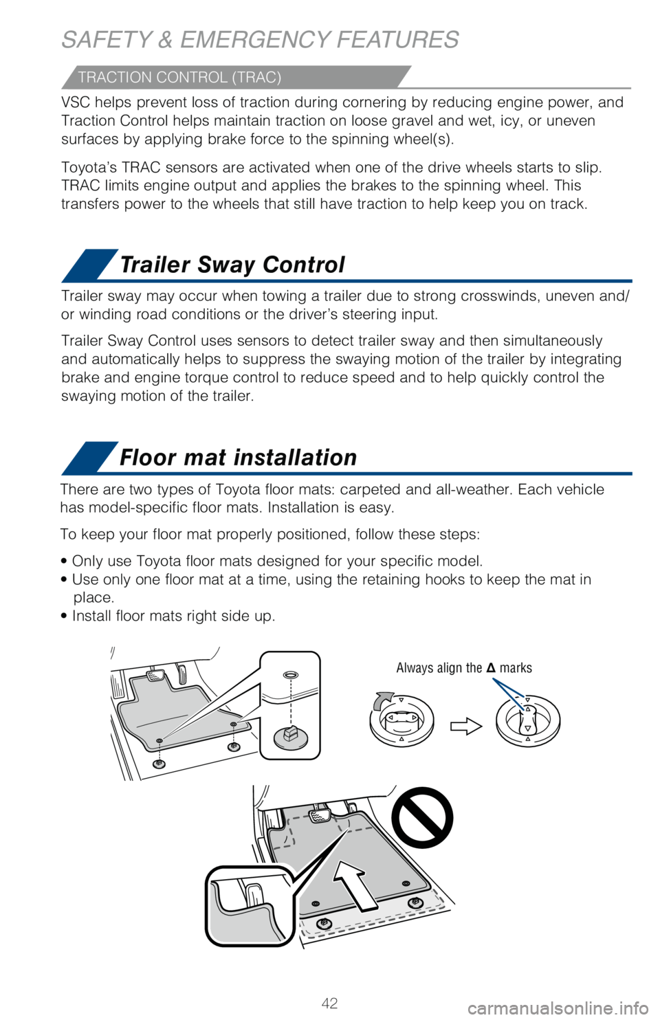 TOYOTA TUNDRA 2018  Owners Manual (in English) 42
Floor mat installation
Trailer Sway Control
There are two types of Toyota floor mats: carpeted and all-weather. Each\
 vehicle 
has model-specific floor mats. Installation is easy. 
To keep your fl