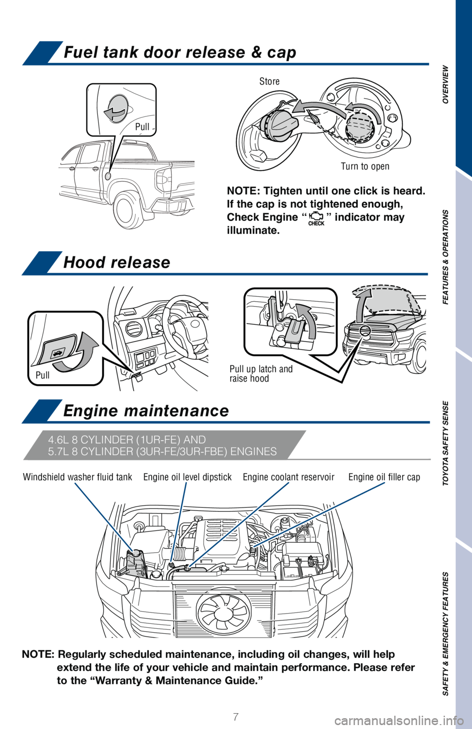 TOYOTA TUNDRA 2018 Owners Manual (in English) OVERVIEW
FEATURES & OPERATIONS
TOYOTA SAFETY SENSE
SAFETY & EMERGENCY FEATURES
7
Hood release
Fuel tank door release & cap
NOTE: Tighten until one click is heard.
If the cap is not tightened enough, TOYOTA TUNDRA 2018 Owners Manual (in English) OVERVIEW
FEATURES & OPERATIONS
TOYOTA SAFETY SENSE
SAFETY & EMERGENCY FEATURES
7
Hood release
Fuel tank door release & cap
NOTE: Tighten until one click is heard.
If the cap is not tightened enough,